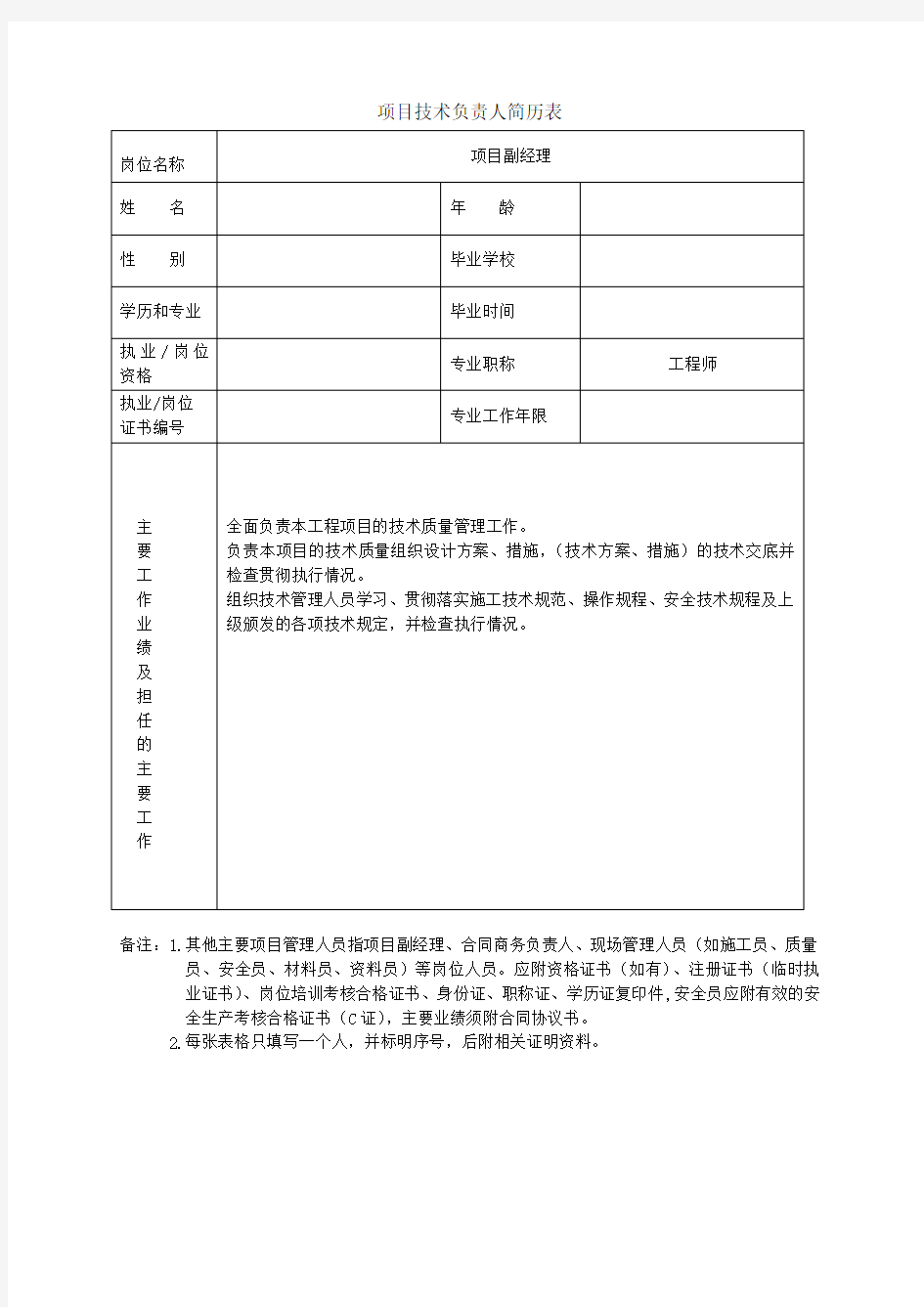 项目主要管理人员简历表及工作职责