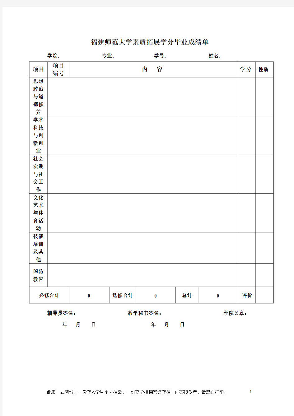 福建师范大学素质拓展学分毕业成绩单