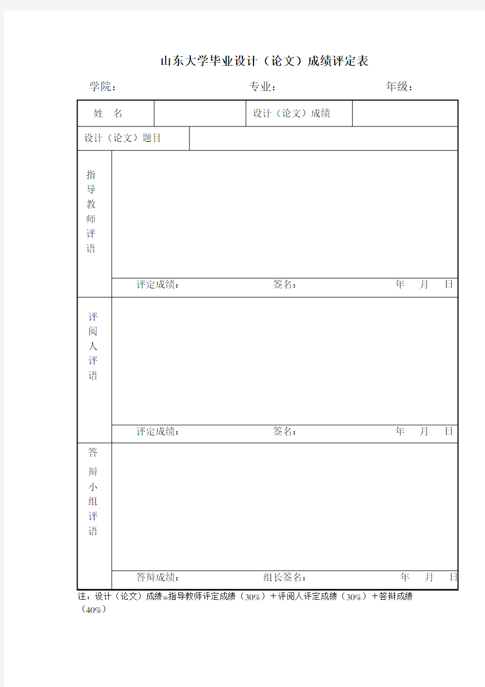 山东大学毕业设计(论文)成绩评定表