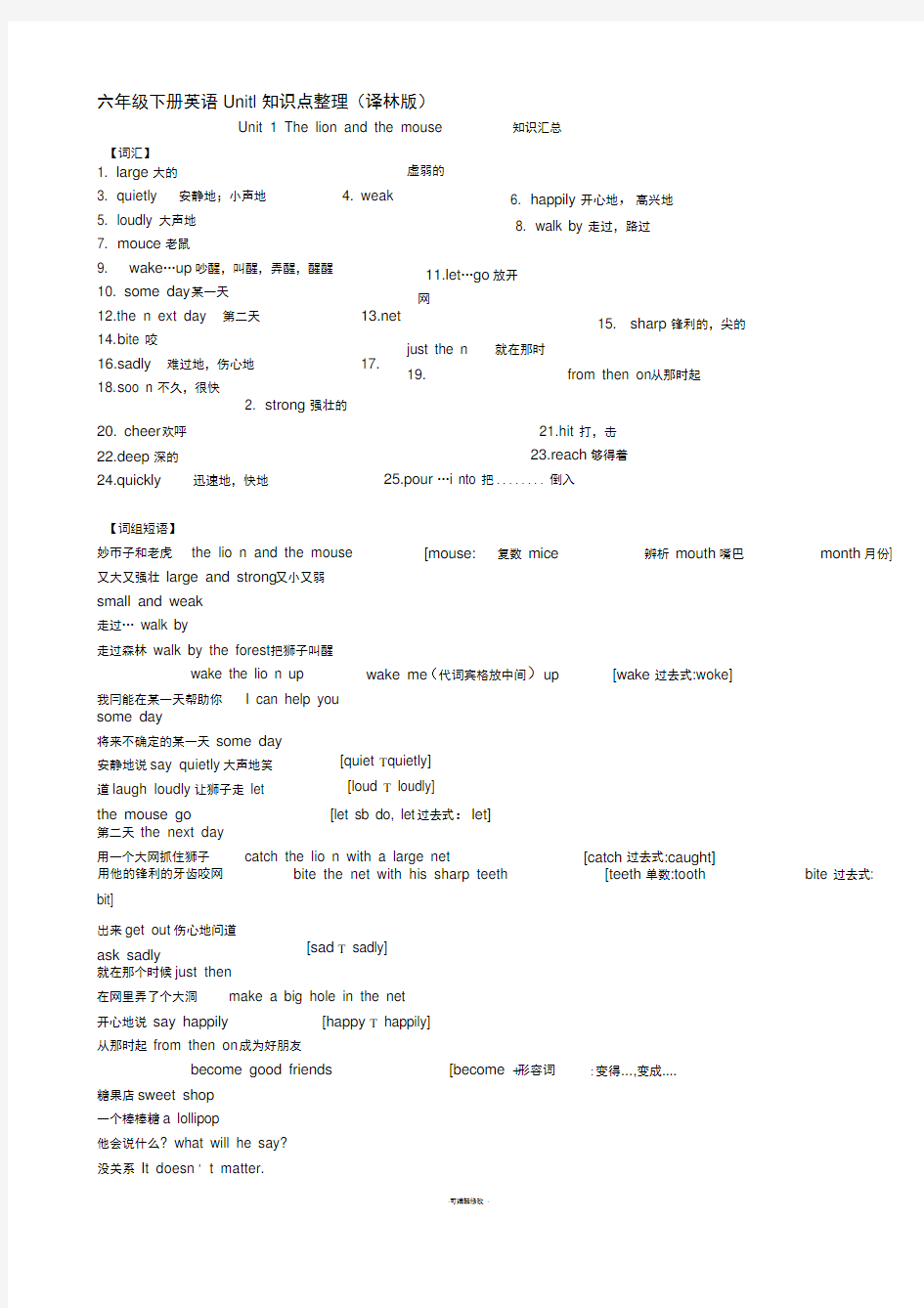 六下英语各单元知识点汇总译林版