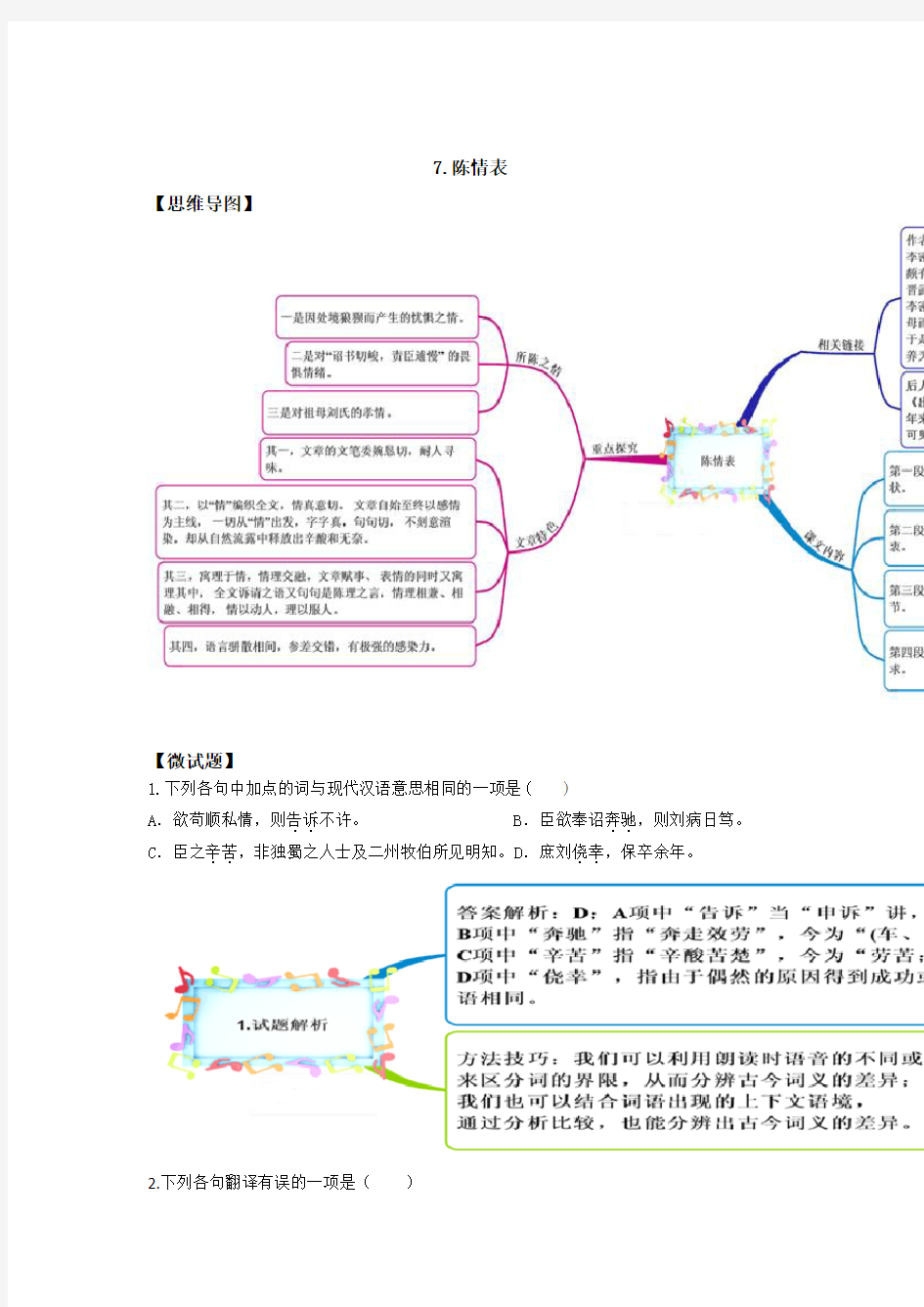 教材图解(思维导图 微试题)人教版语文必修5 7陈情表