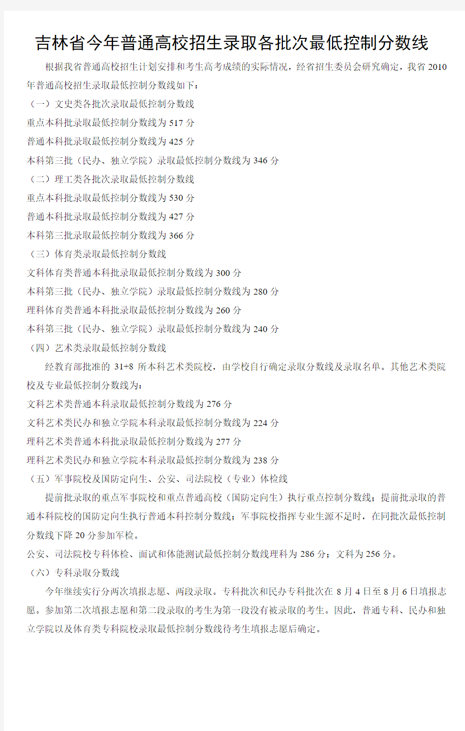 吉林省今年普通高校招生录取各批次最低控制分数线(精)