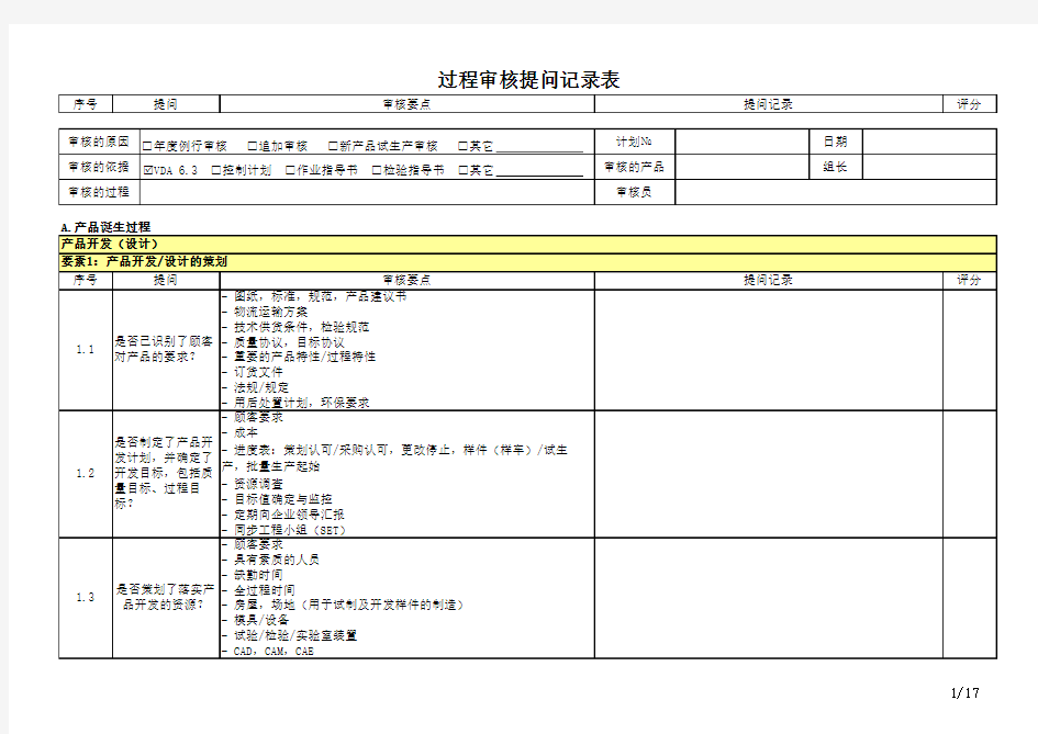 过程审核提问记录表