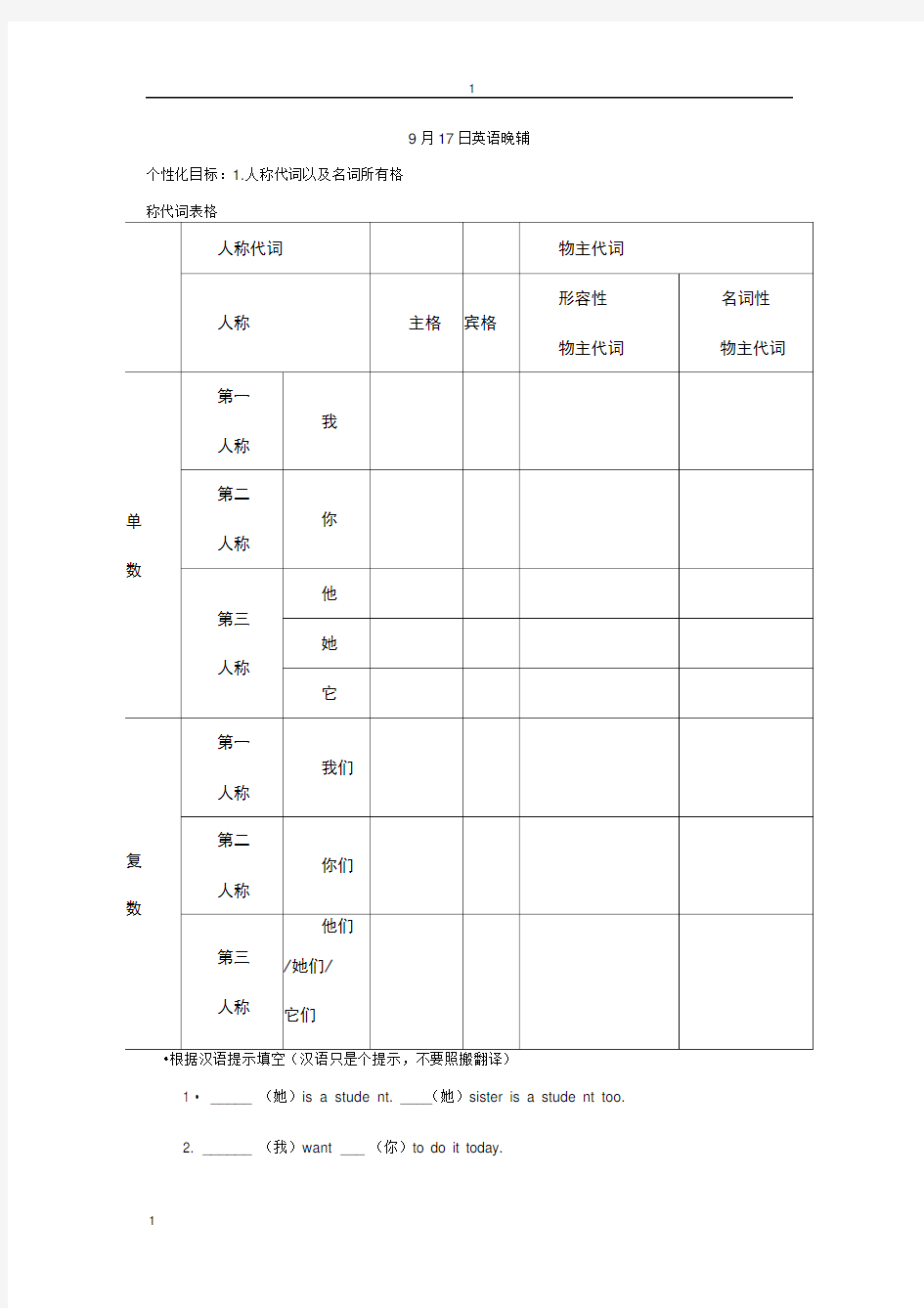 (完整版)小升初英语人称代词专项练习