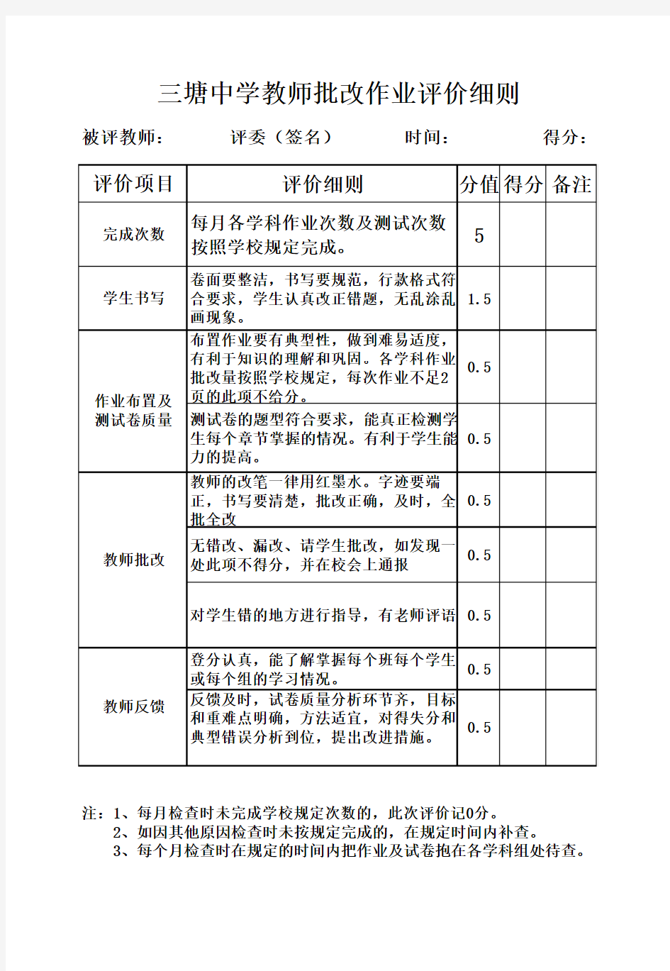 教师批改作业评价细则