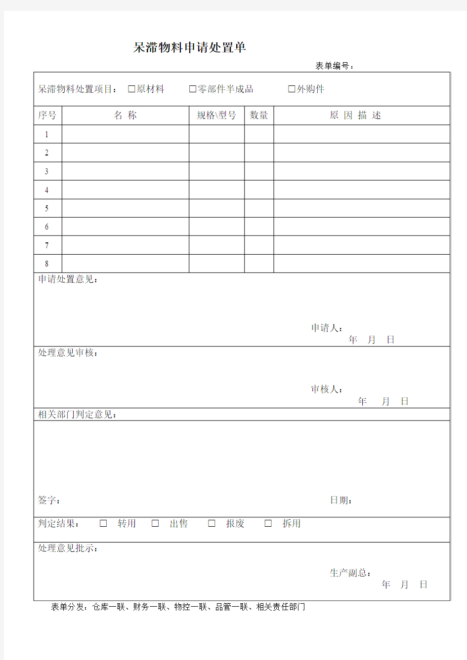 呆滞物料申请处置单