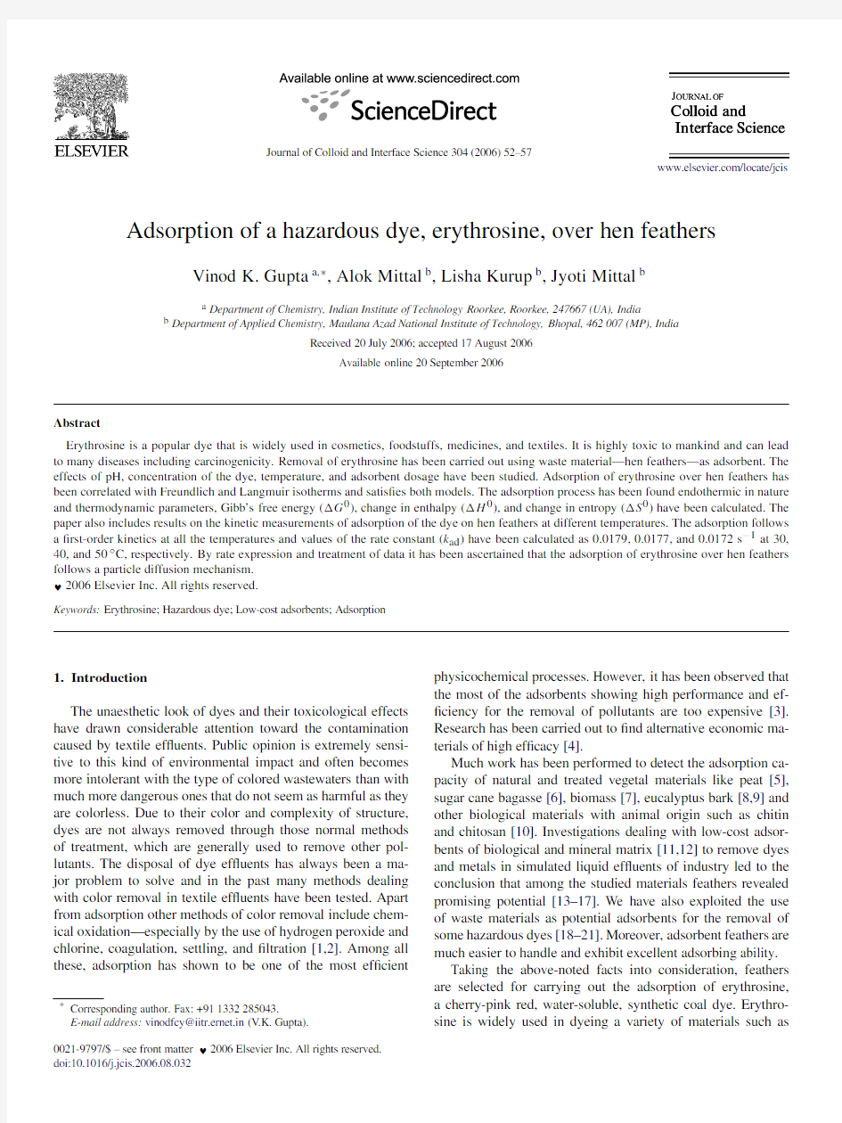 Adsorption of a hazardous dye, erythrosine, over hen feathers