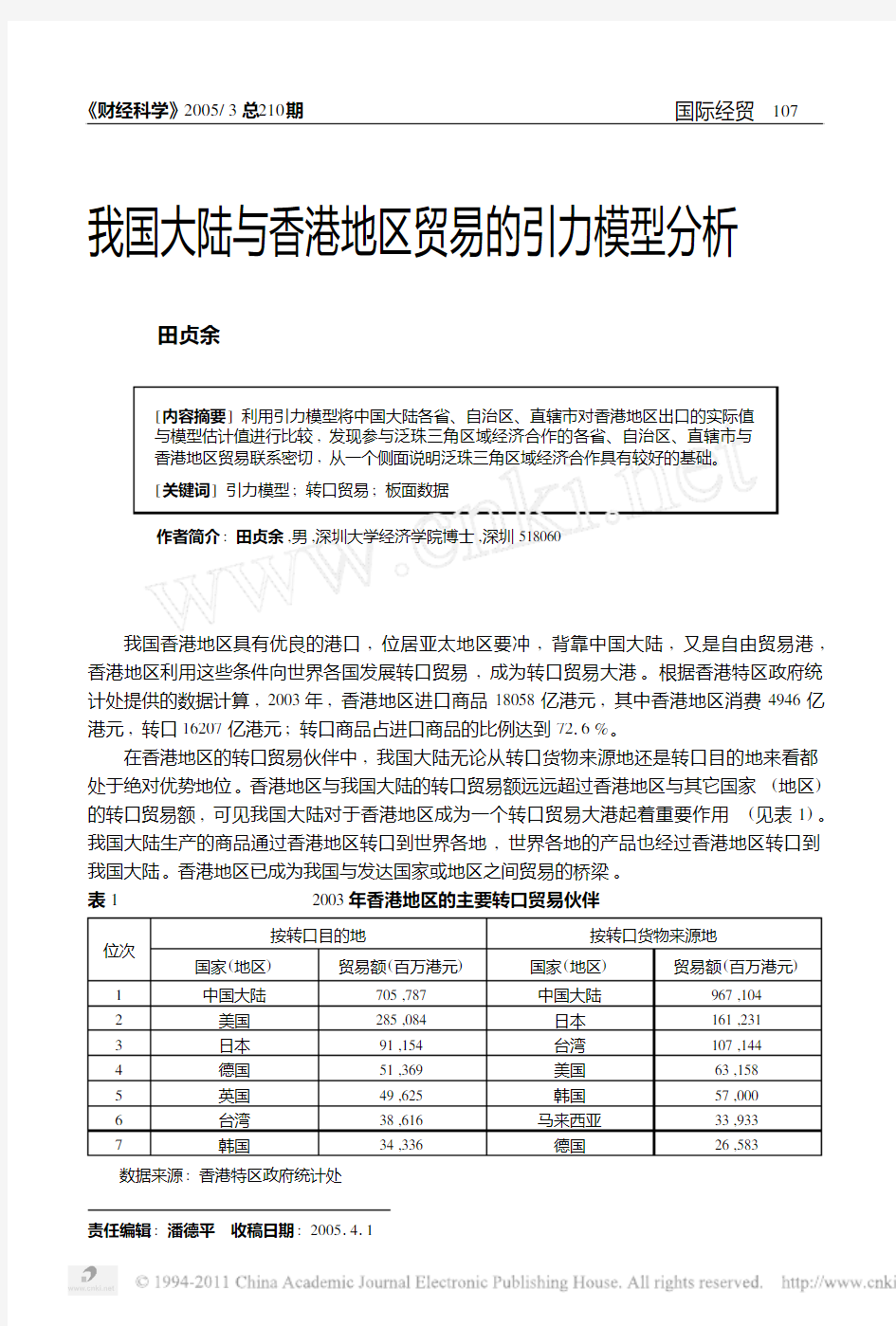 我国大陆与香港地区贸易的引力模型分析