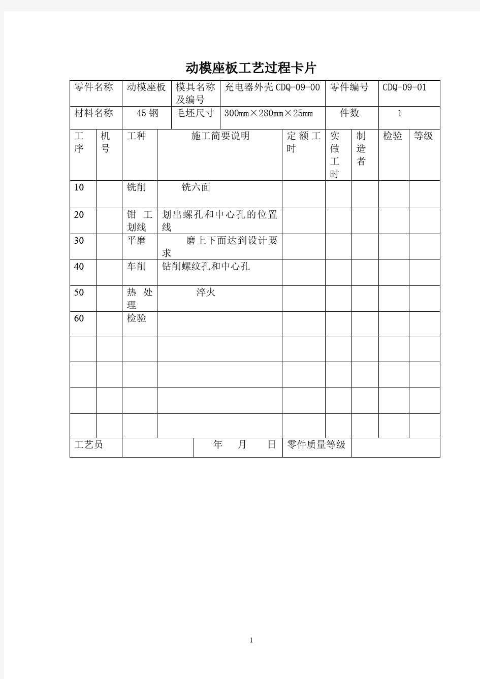 注塑模具相关零件加工工艺过程卡片