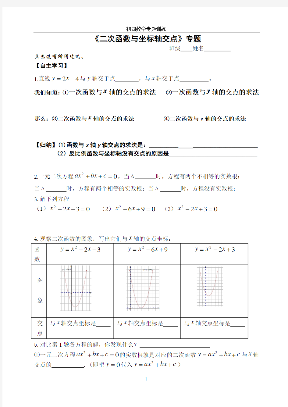 二次函数与坐标轴交点专题