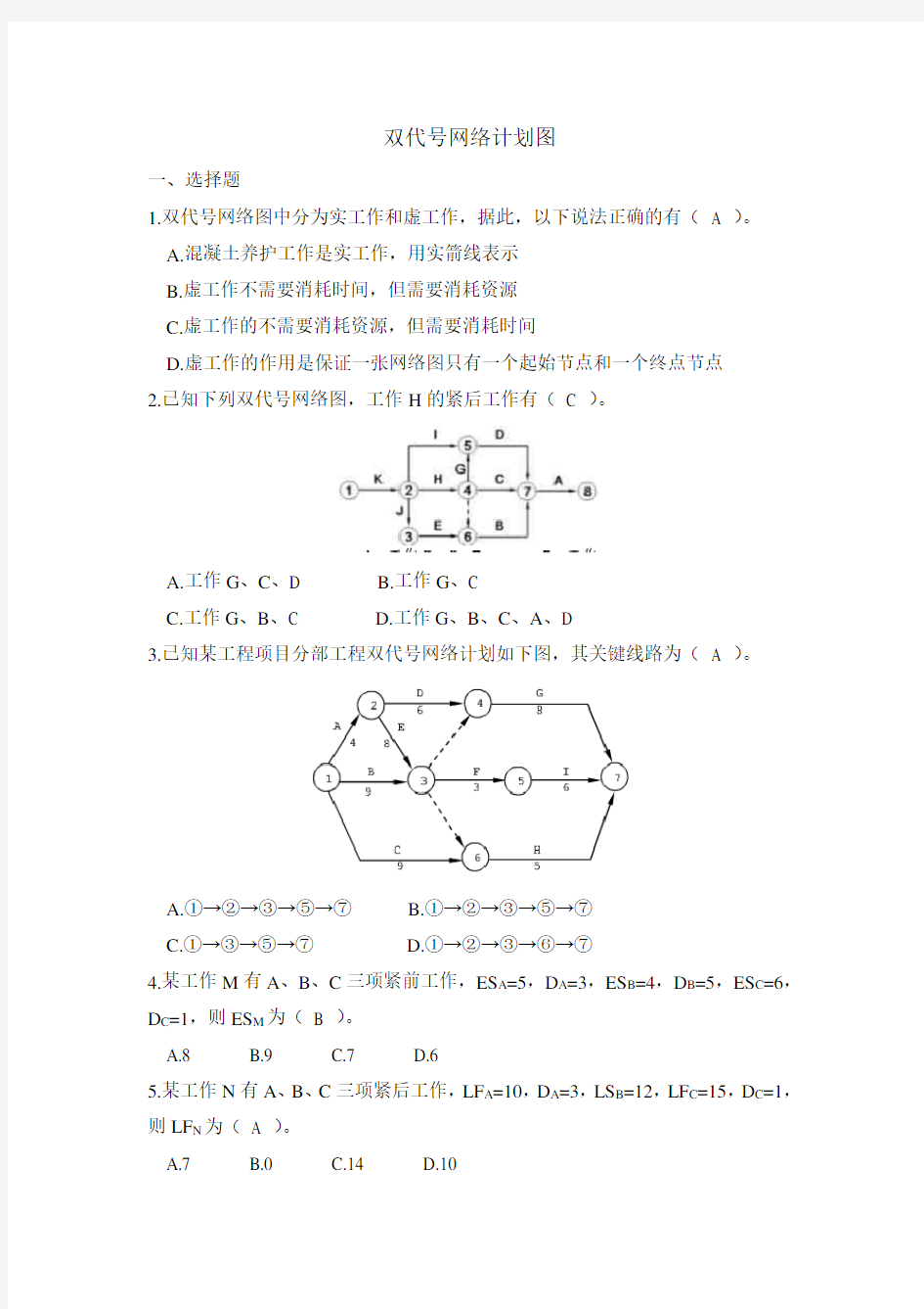 (完整版)双代号网络计划图习题