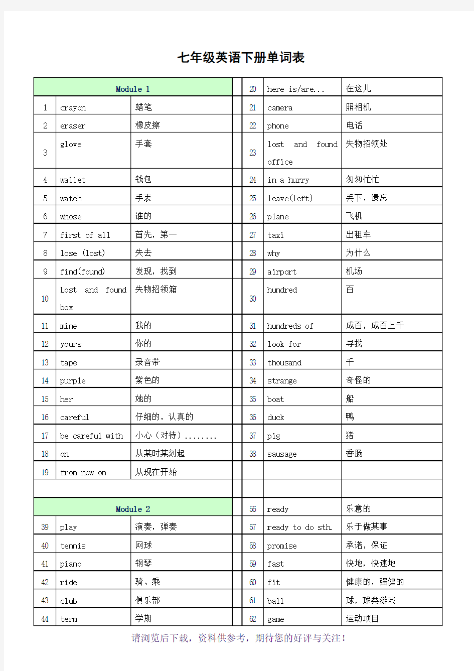 外研社七年级下册英语单词表