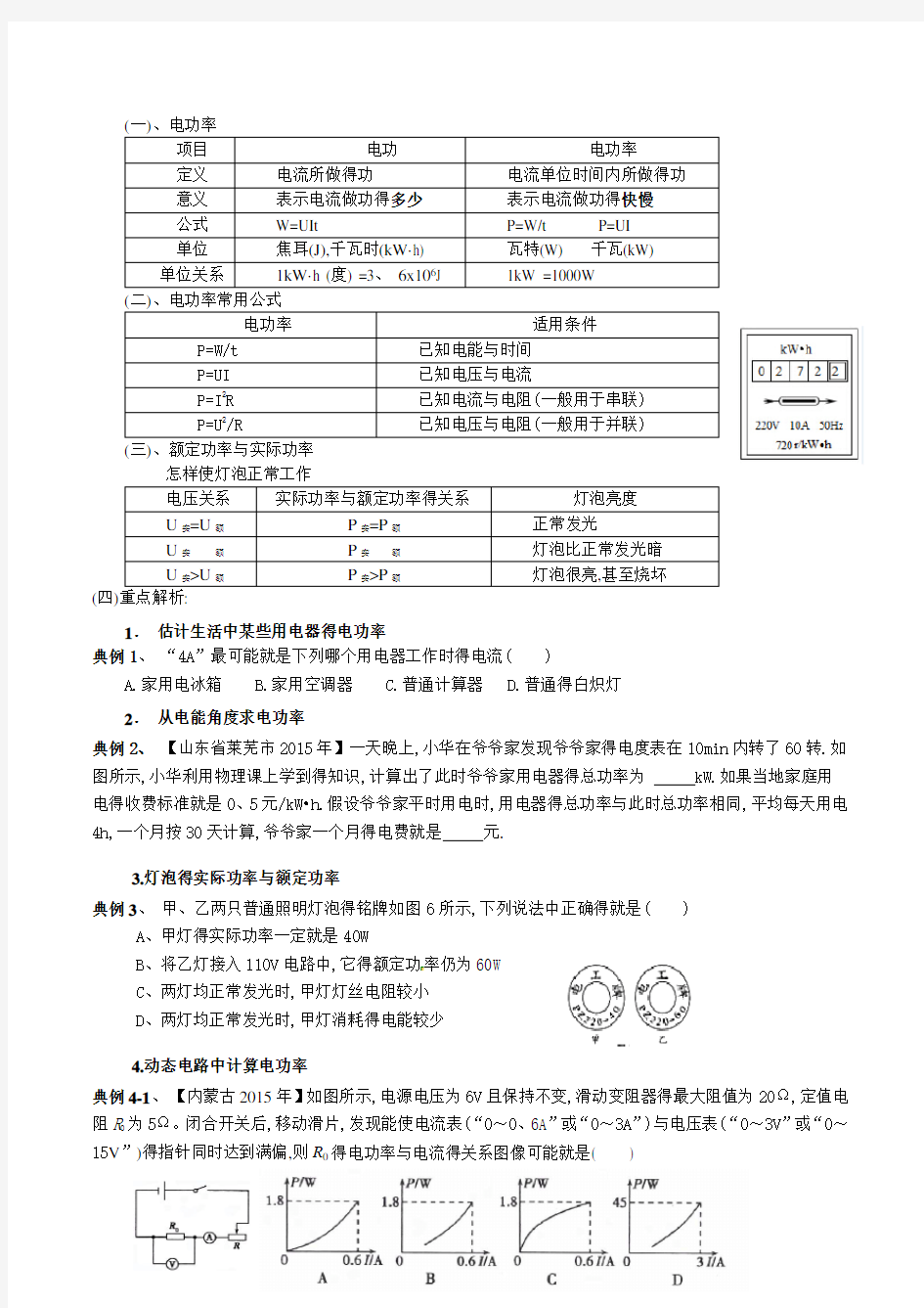 初中物理电功率计算专题复习