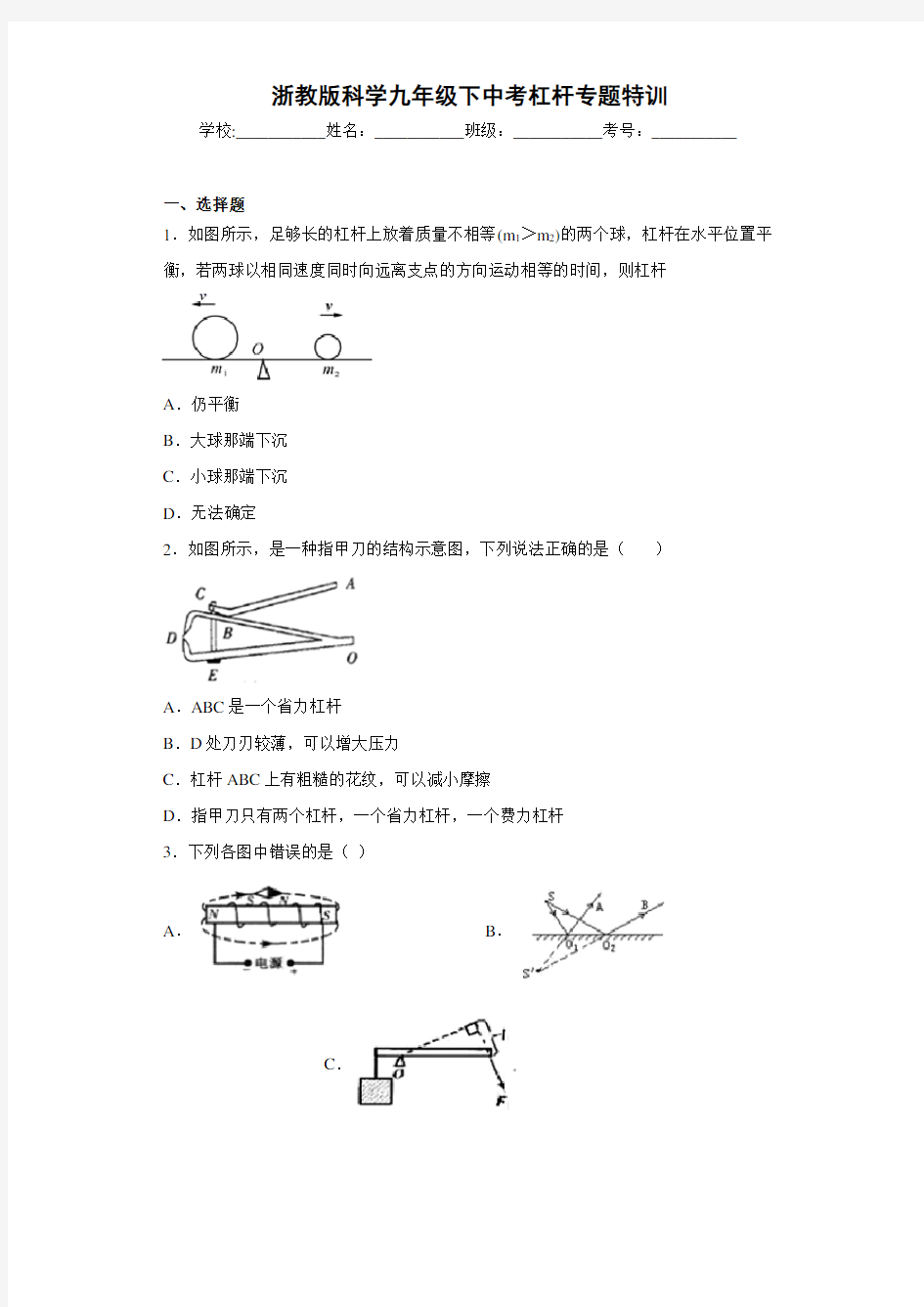 浙教版科学九年级下中考杠杆专题特训