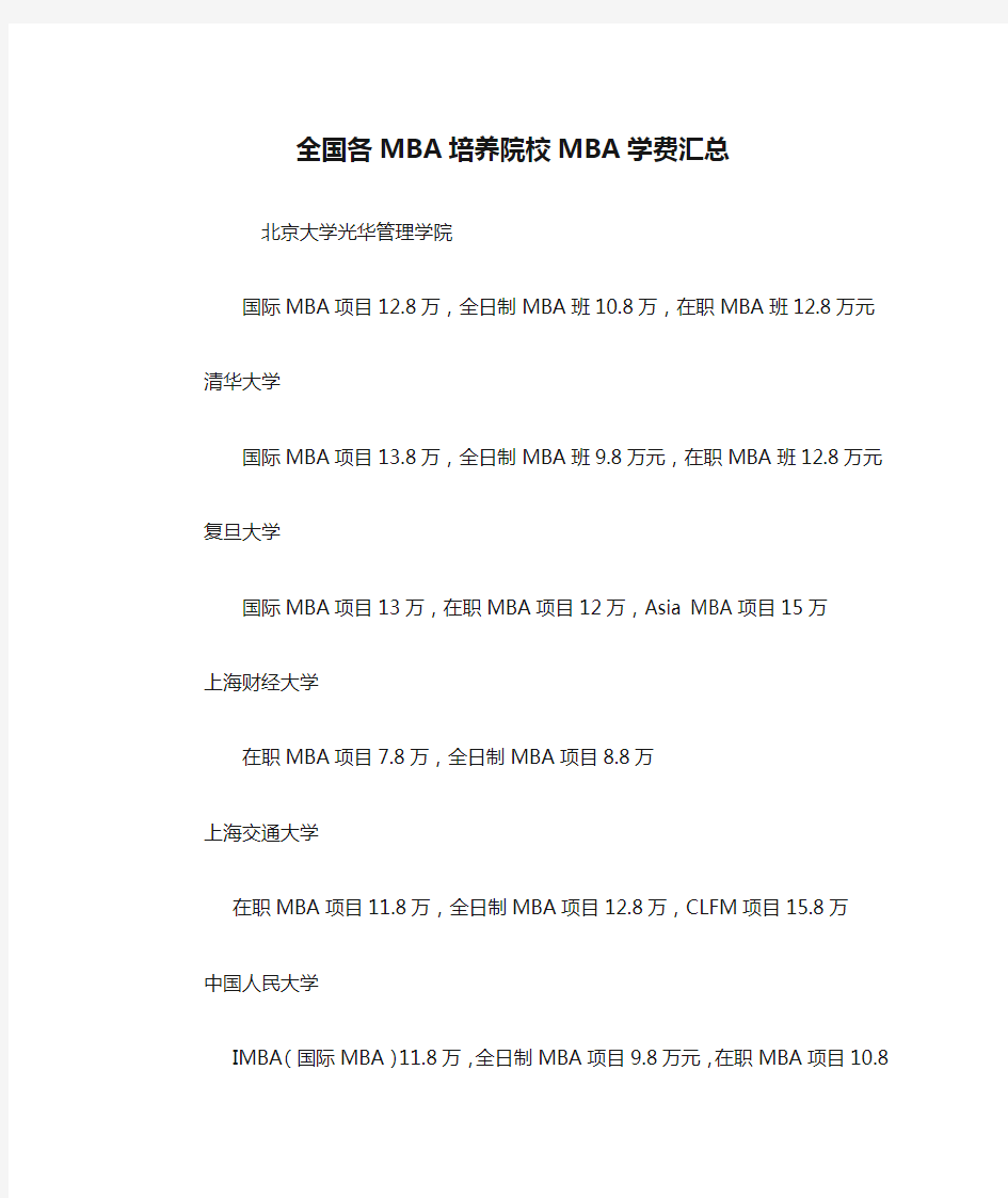 全国各MBA培养院校MBA学费汇总