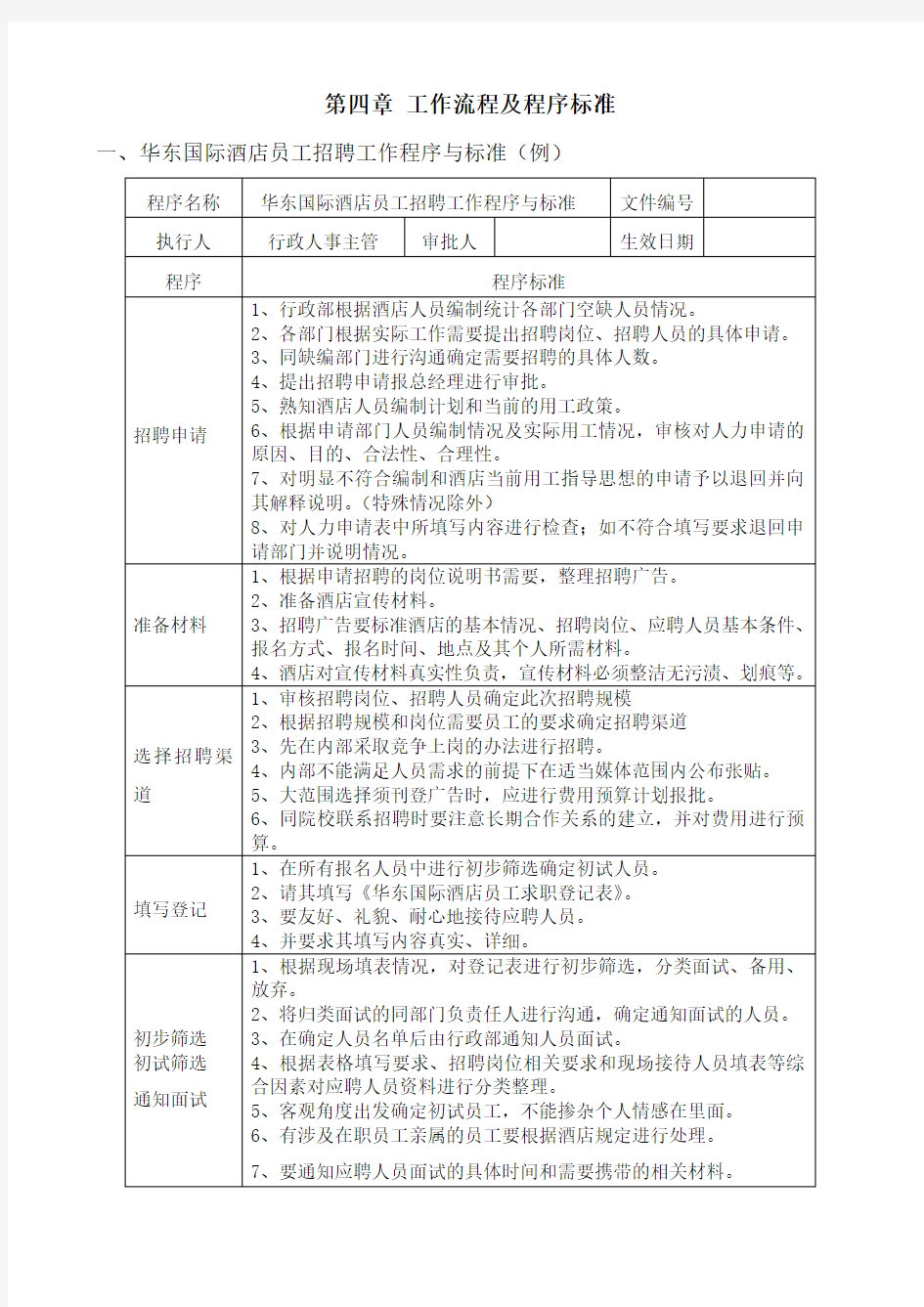 酒店行政部工作流程及程序标准