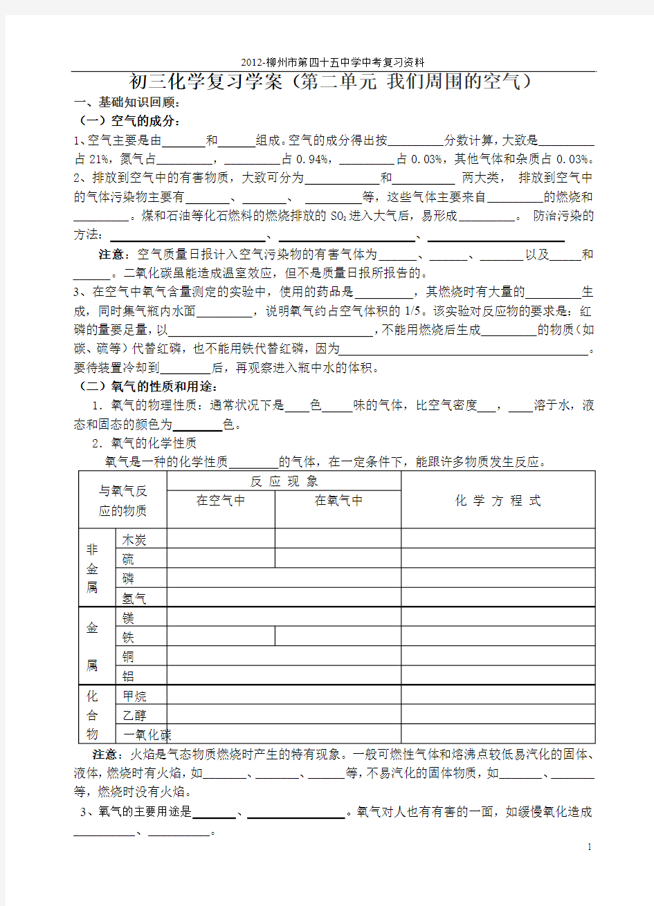 人教版九年级化学中考复习第一轮 第二单元我们周围的空气