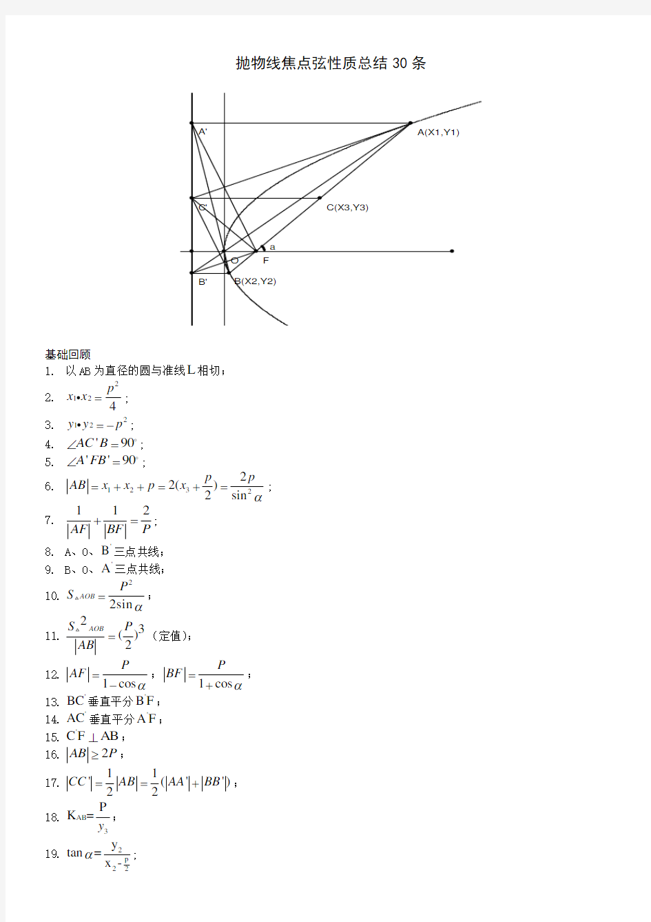 抛物线焦点弦性质总结30条