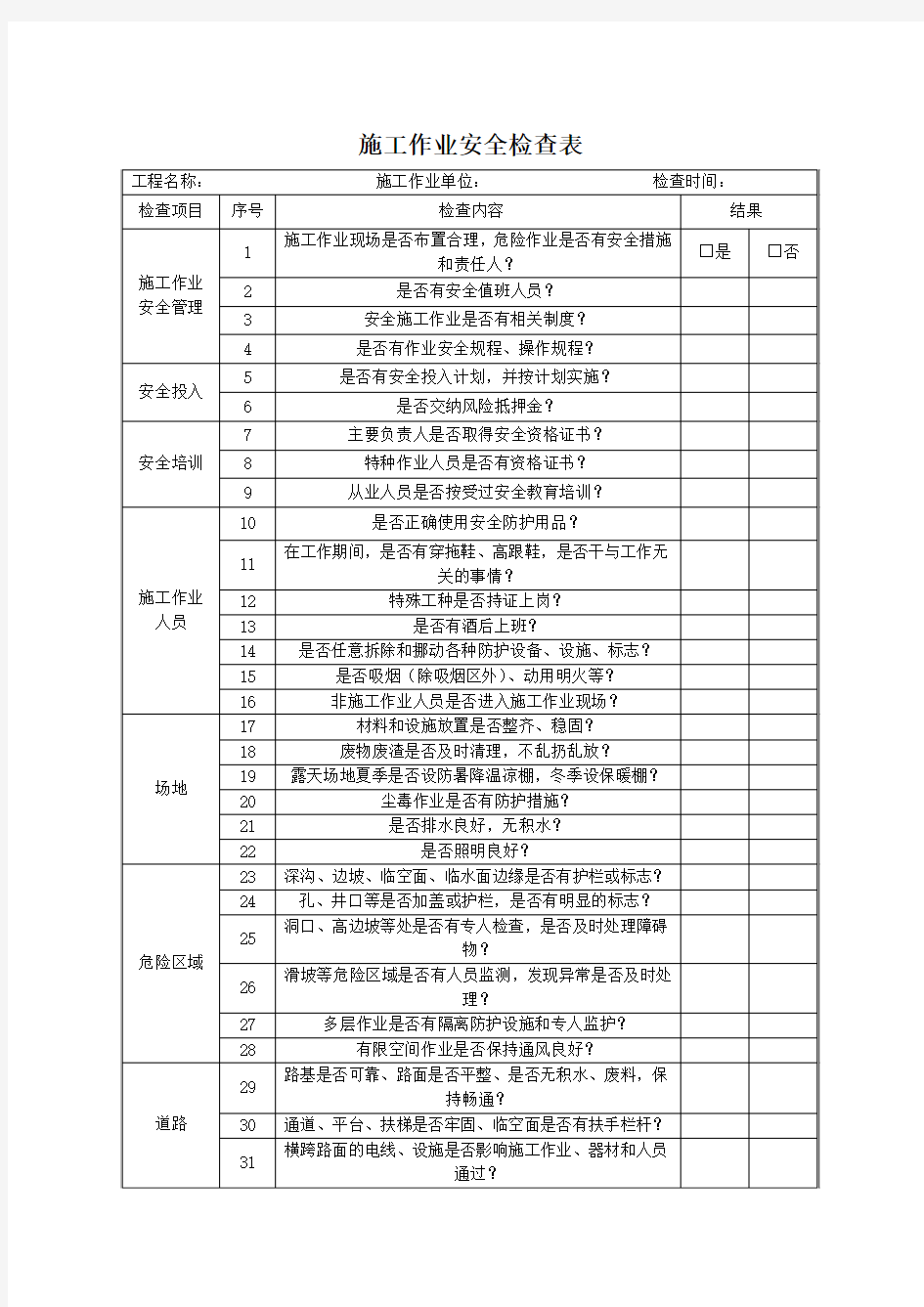 施工作业安全检查表