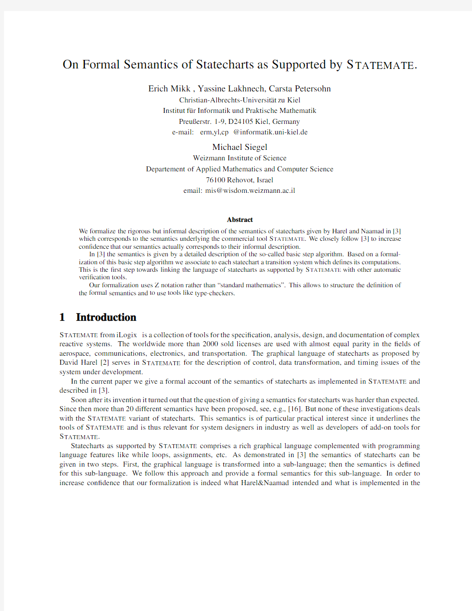 On formal semantics of Statecharts as supported by statemate