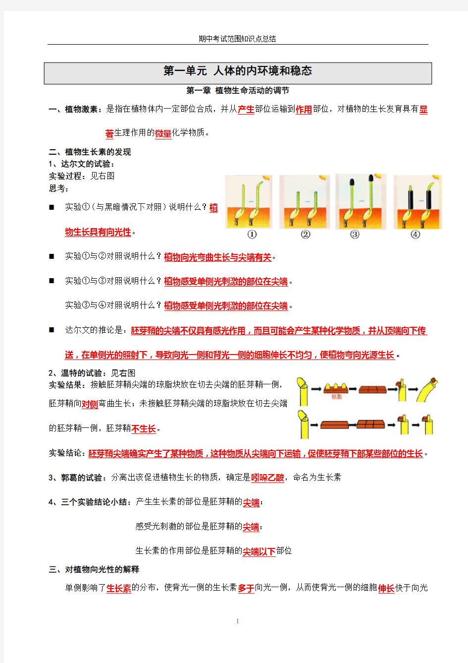 高二生物期中考试范围知识点总结(必修三)