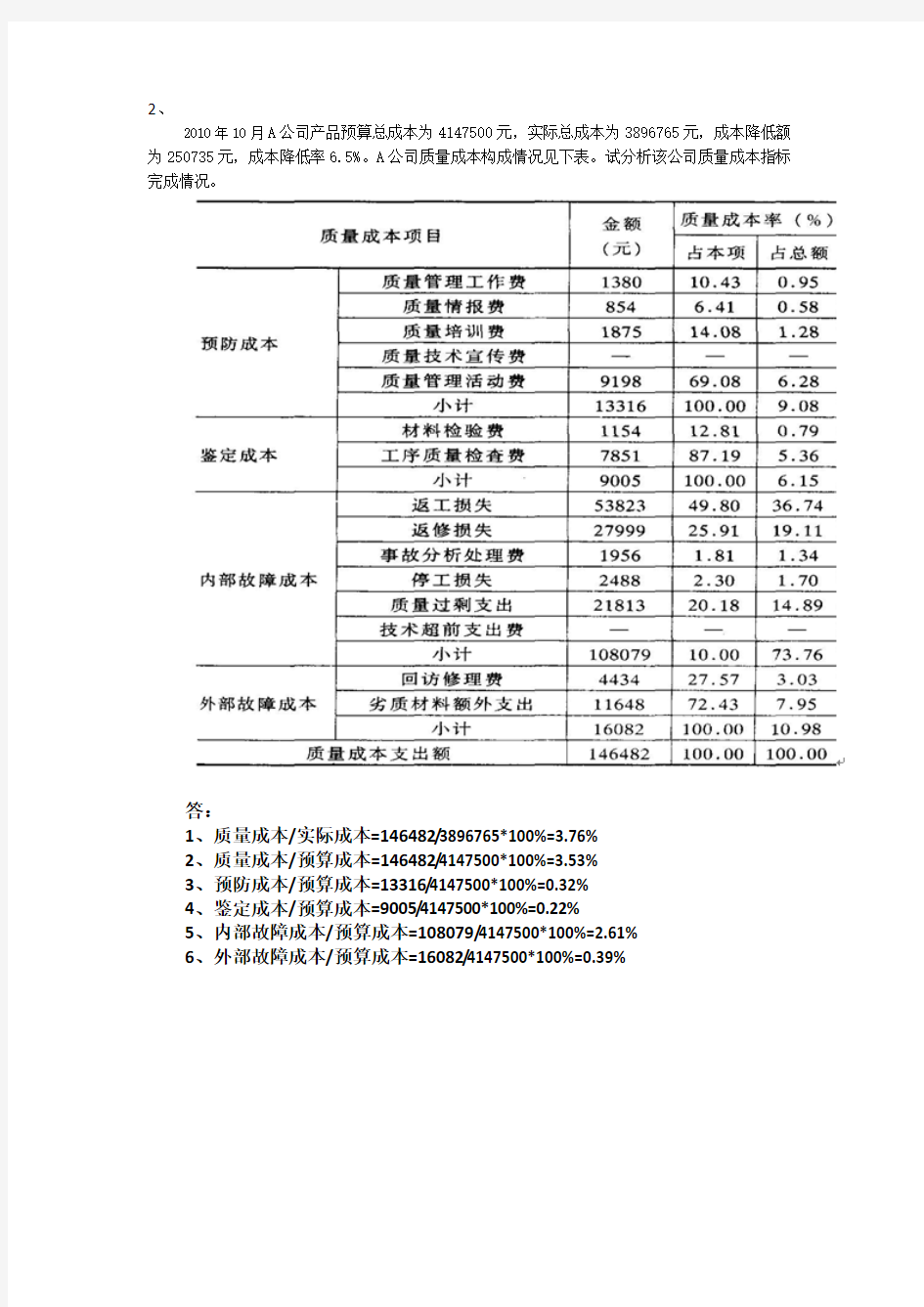 2012 中央电大形成性考核成本管理第四次作业4-2计算题