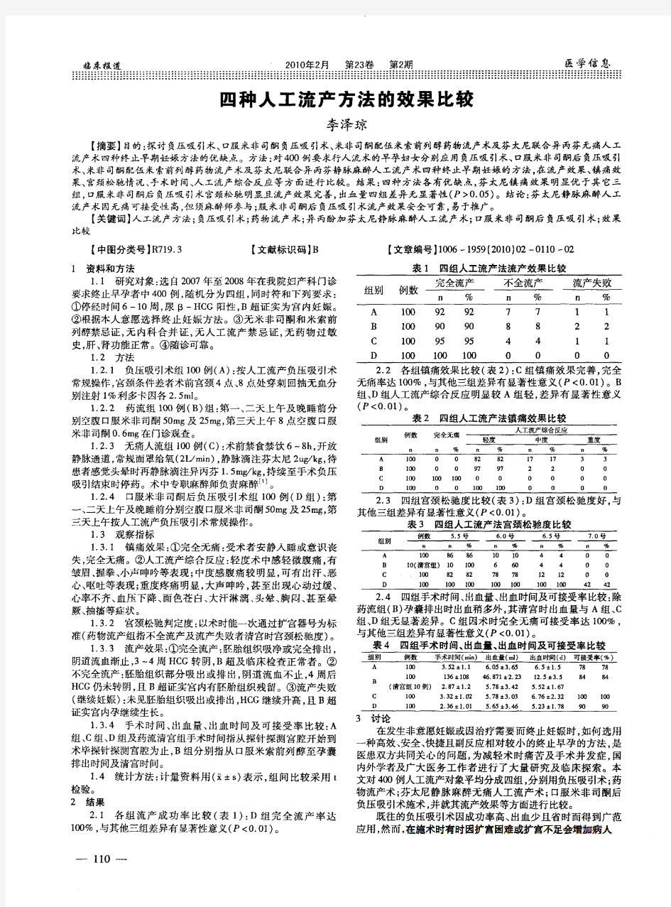 四种人工流产方法的效果比较