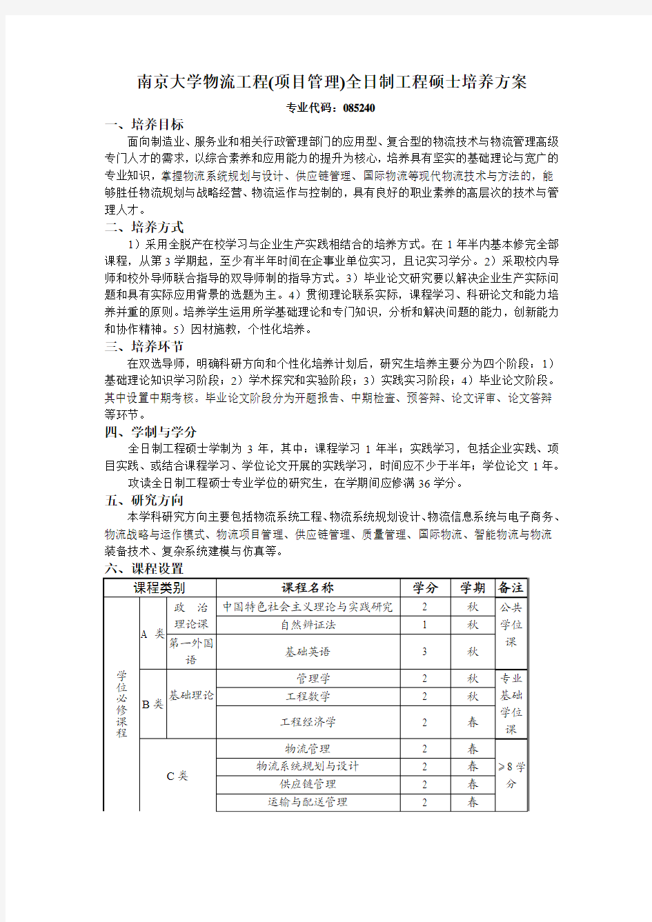 南京大学工程管理学院项目管理全日制培养方案