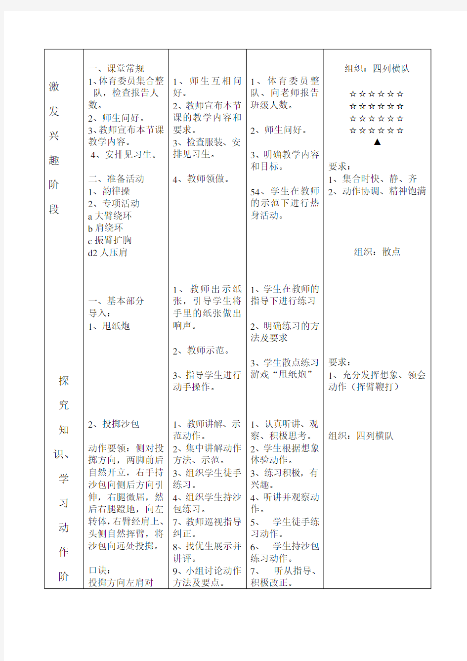 原地侧向投掷沙包