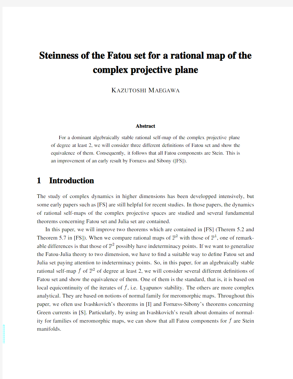 Steinness of the Fatou set for a rational map of the complex projective plane