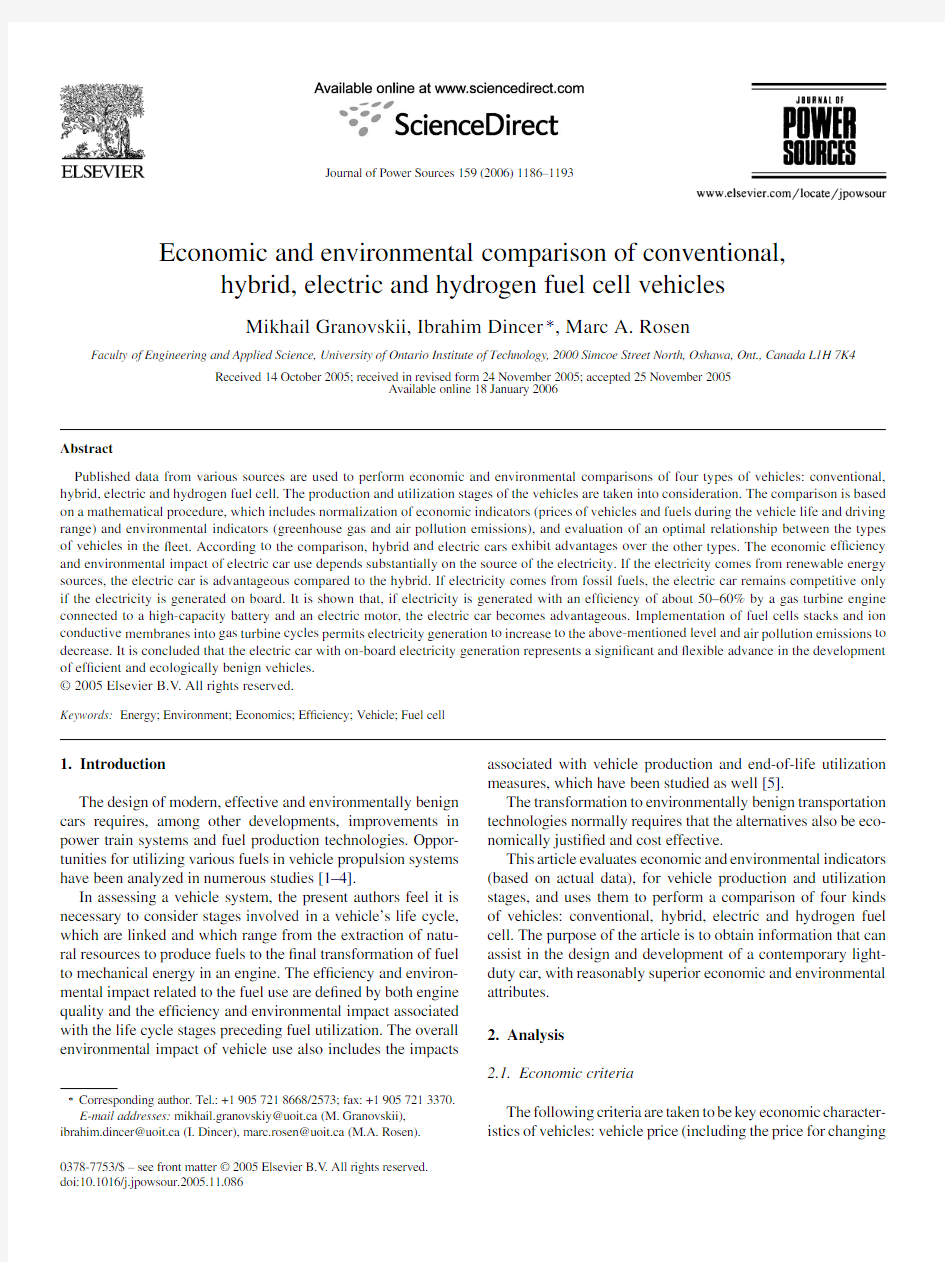 Economic and environmental comparison of conventional, hybrid, electric and hydrogen fuel cell vehic