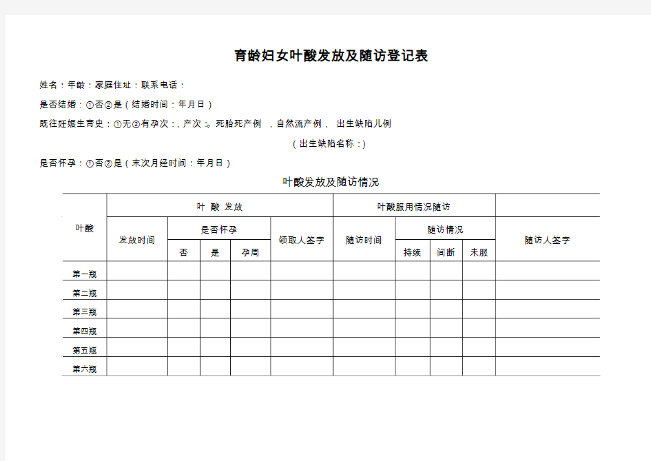 育龄妇女叶酸发放及随访登记表