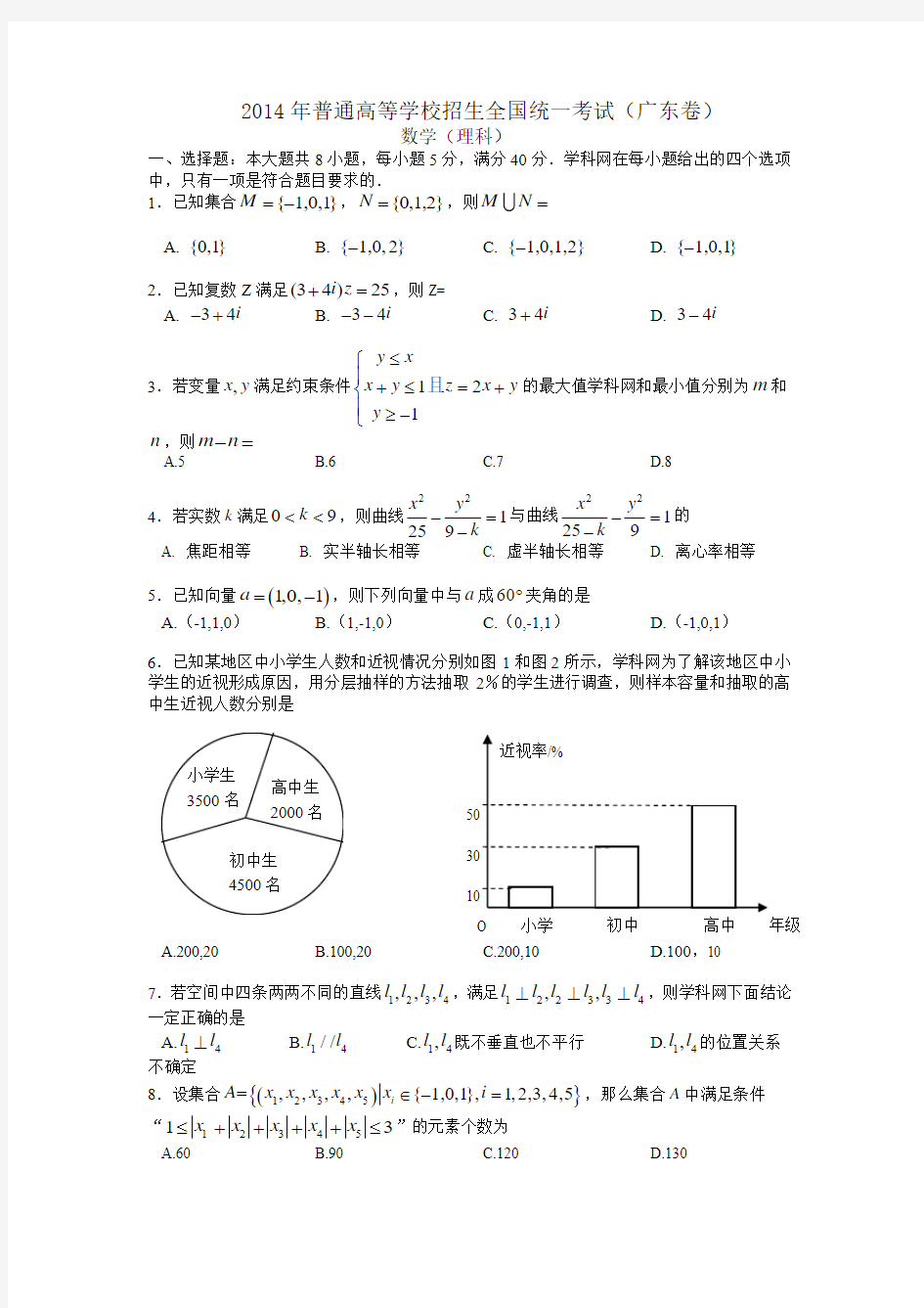 2014高考广东理科数学试题及答案