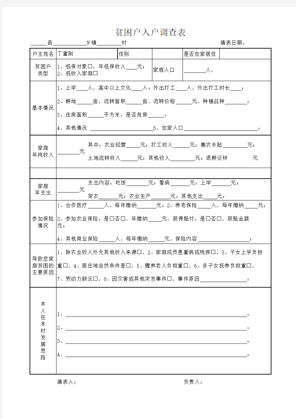 贫困户入户调查表(样表)