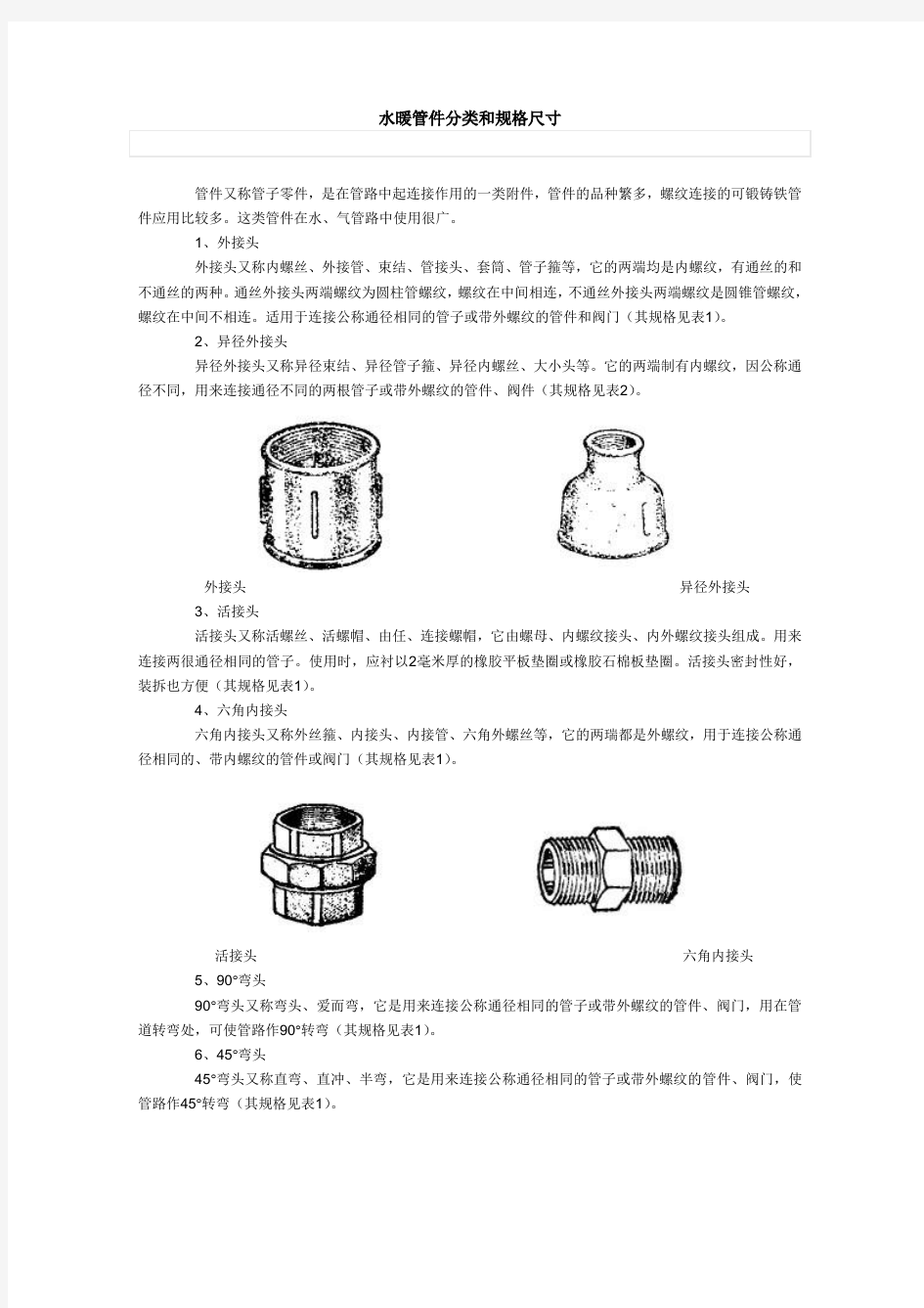 水暖管件分类和规格尺寸