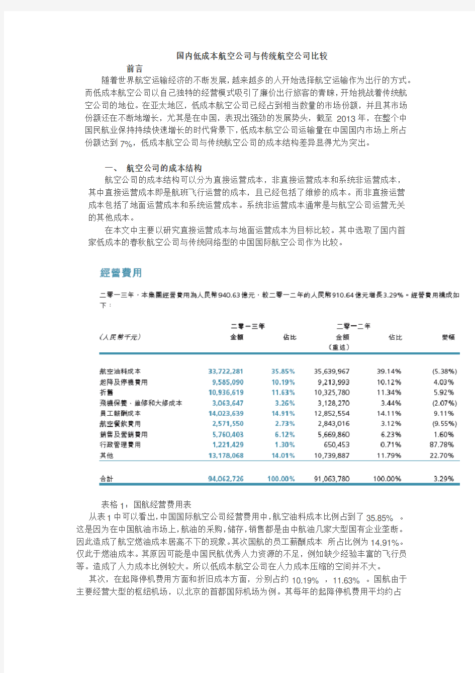 国内低成本航空公司与传统航空公司比较