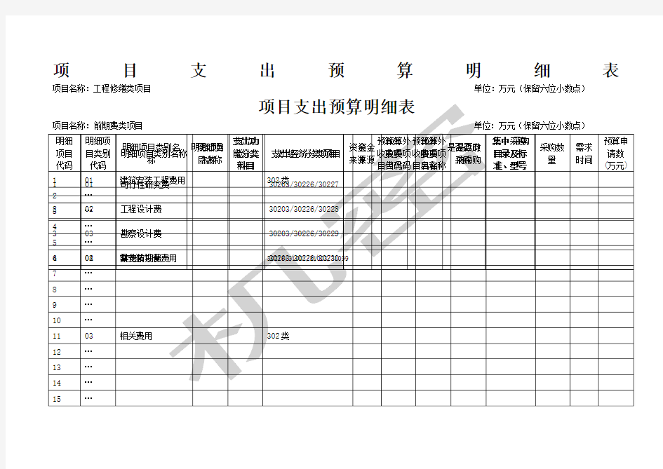 项目支出预算明细表