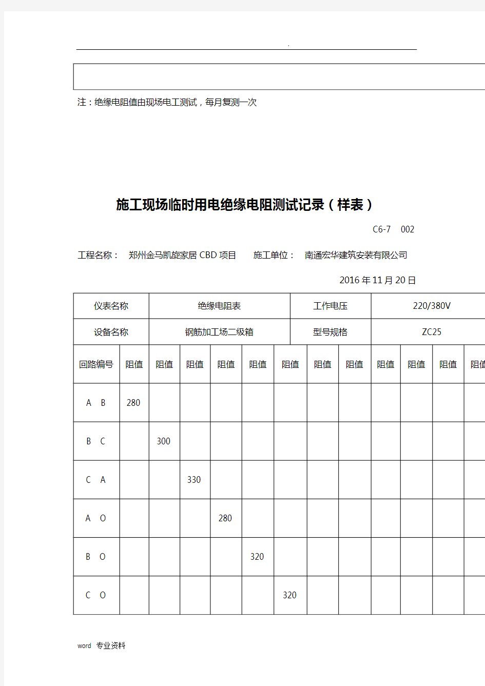 施工现场临时用电绝缘电阻测试记录