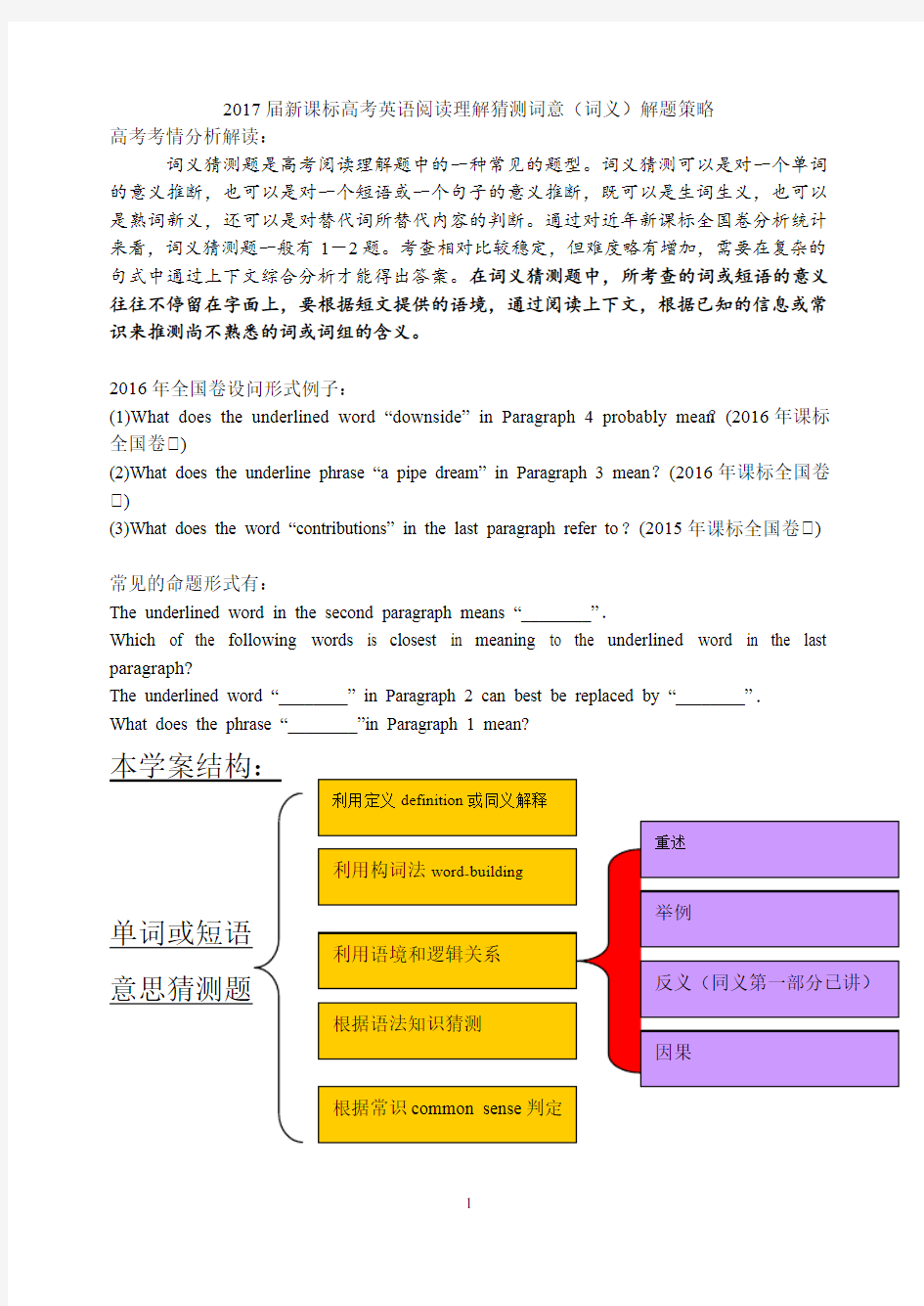 高考英语阅读理解猜测词意(词义)解题策略(附练习答案)