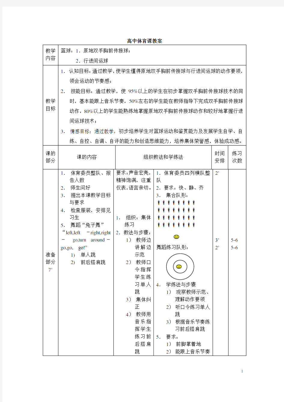 完整word版,高中体育课教案(篮球)