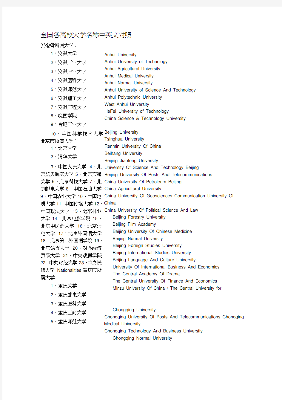 全国高校大学名称中英文对照