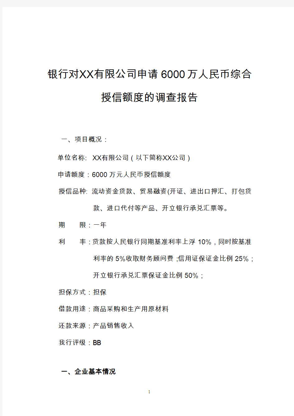 银行对ⅩⅩ有限公司申请6000万人民币综合授信额度的调查报告