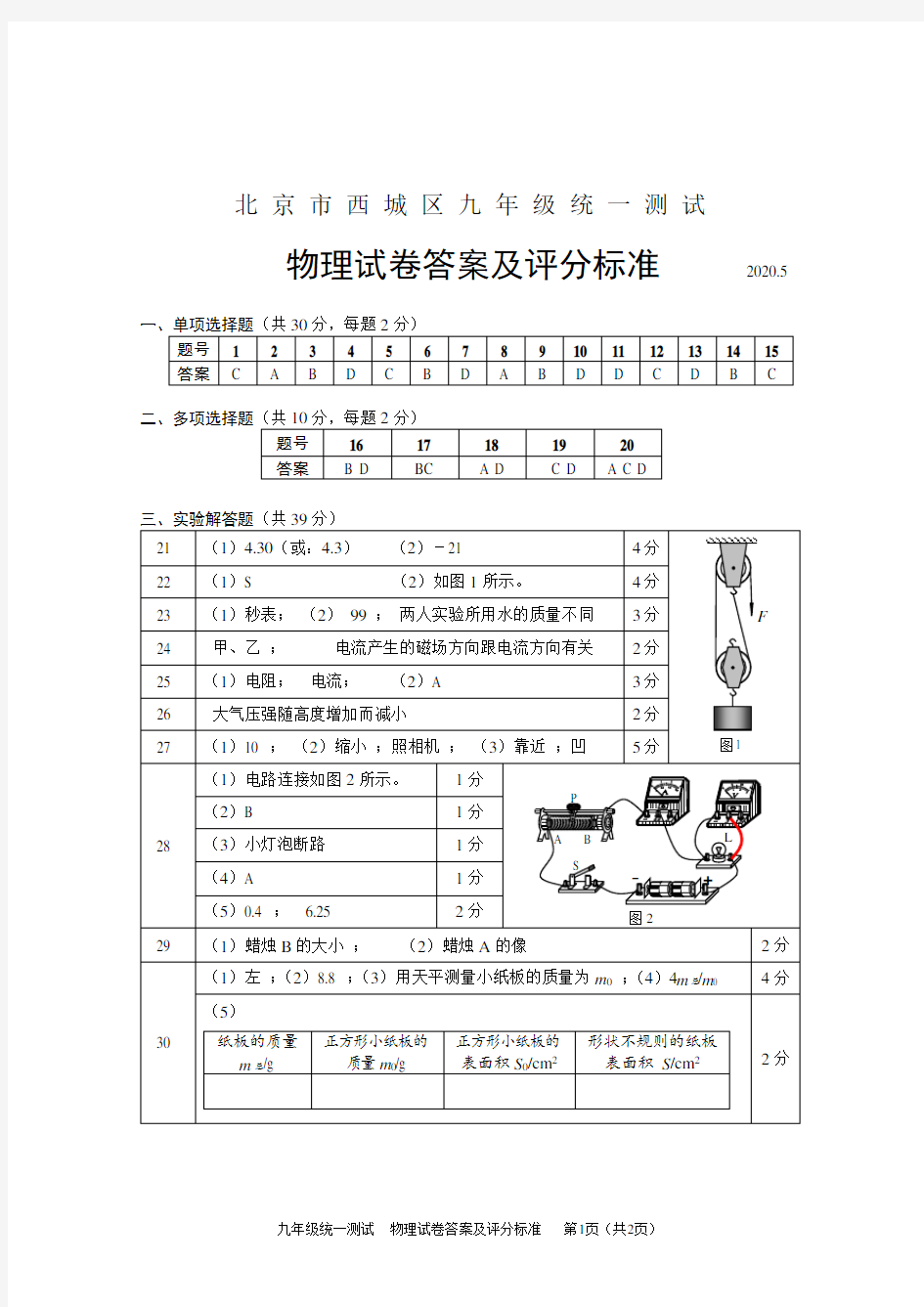 2020-5-19-西城初三物理一模答案