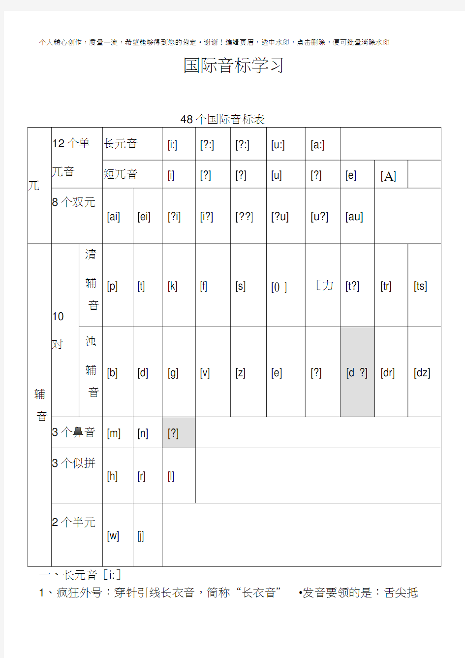 48个国际音标表(打印版)已整理