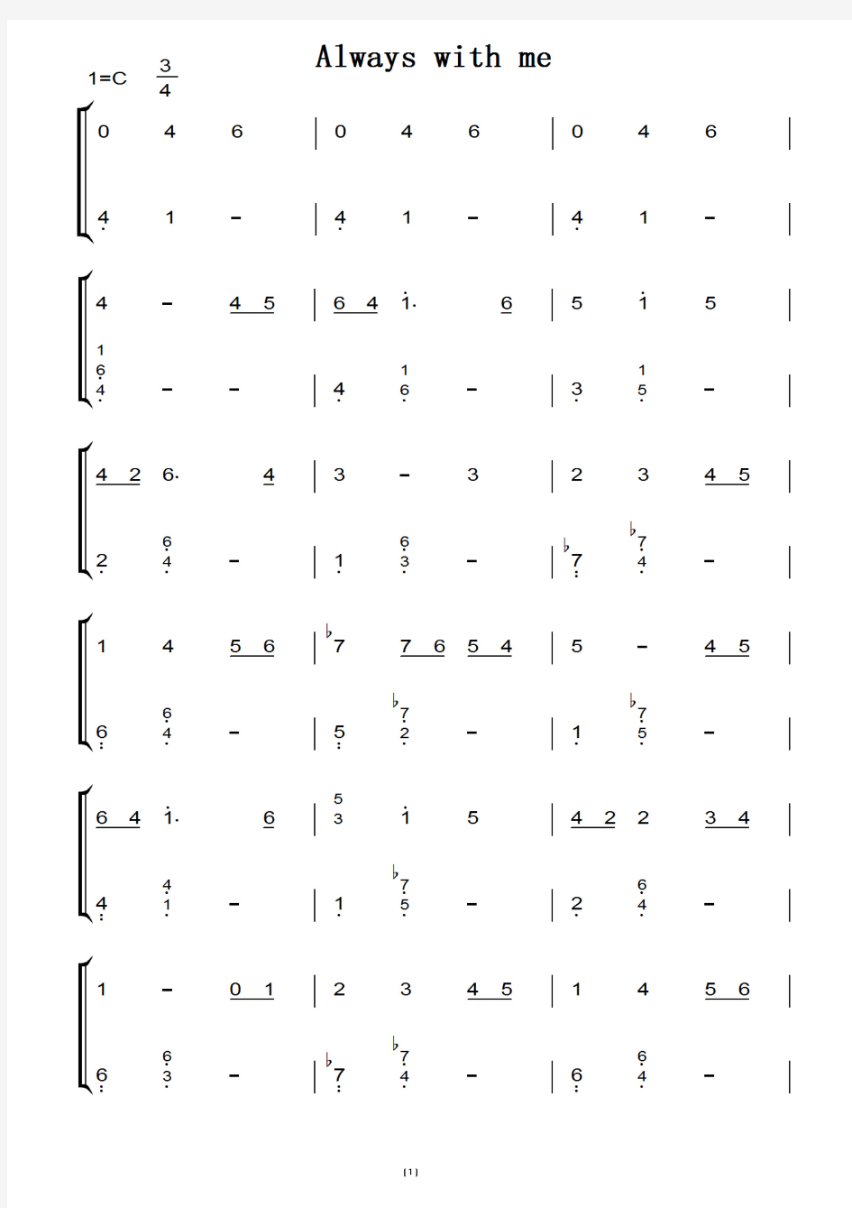 Always with me(千与千寻 片尾曲)久石让 转c调 初学者演奏版 钢琴双手简谱 钢琴谱 钢琴简谱