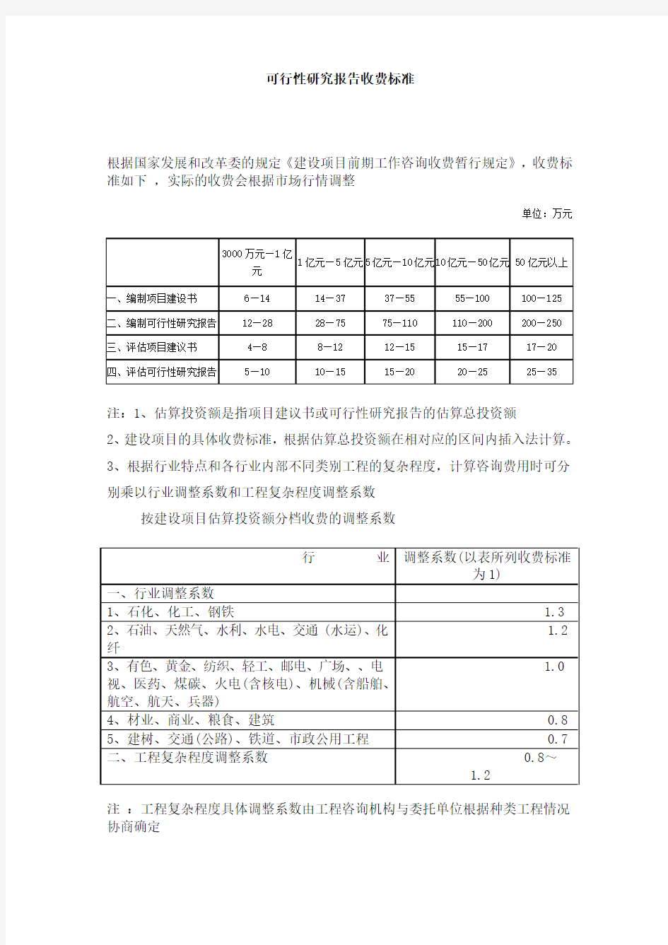 可行性研究报告收费标准