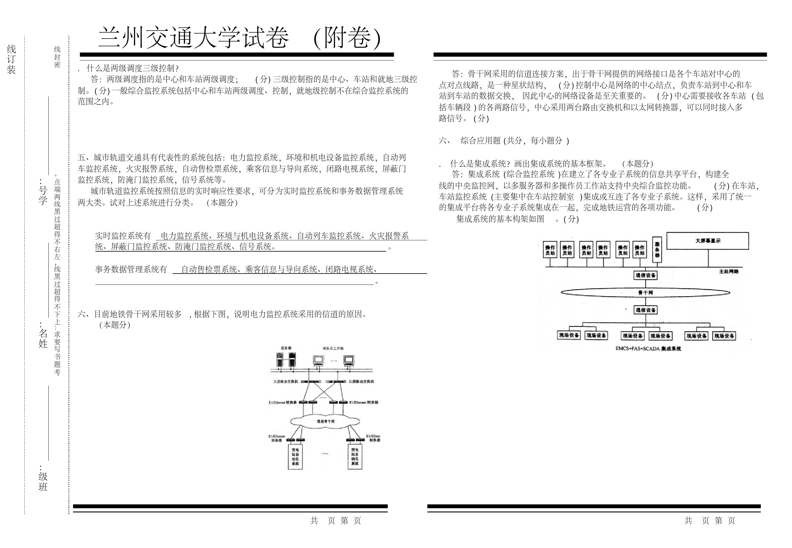 城市轨道交通综合监控试题A-2010答案