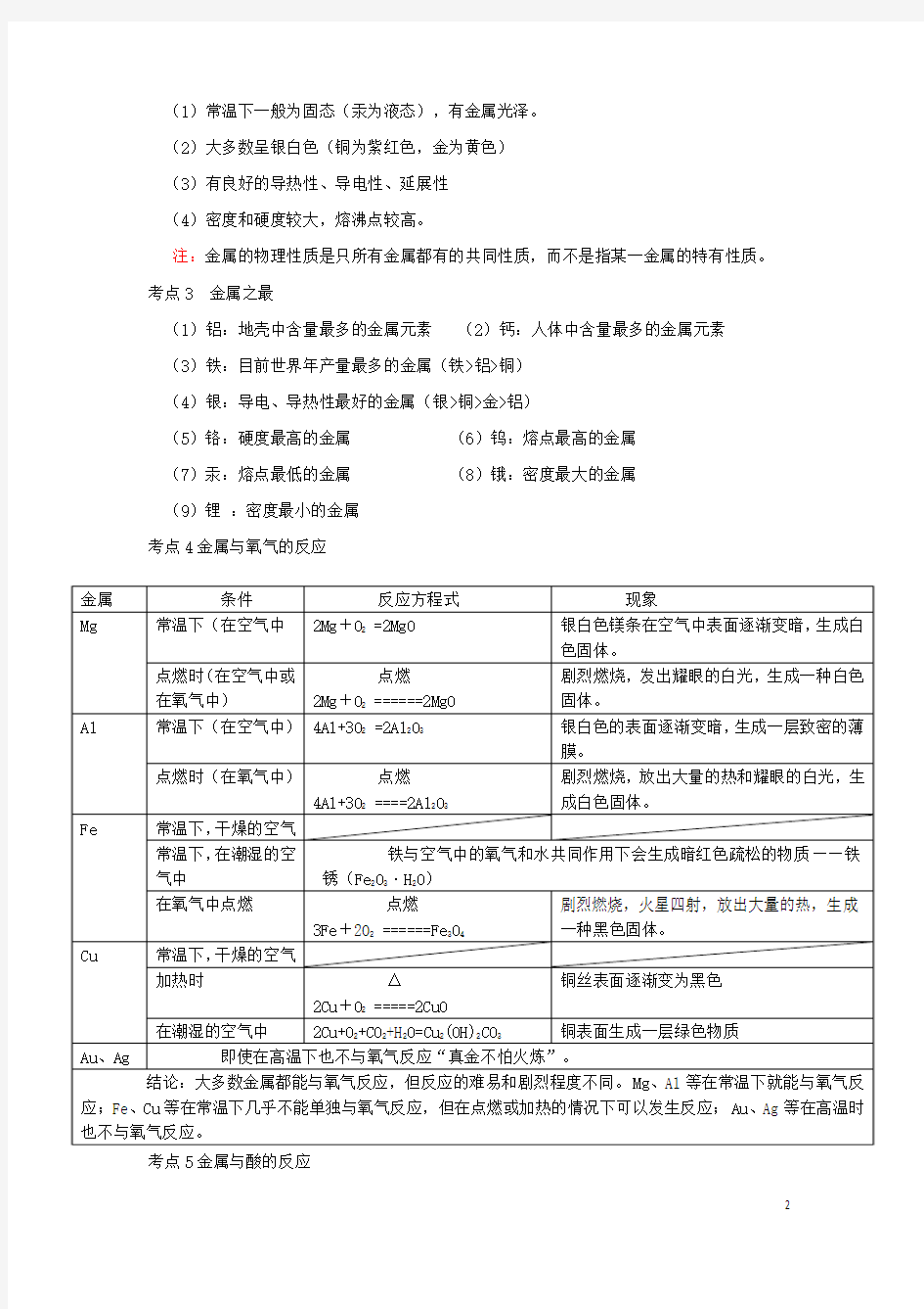 九年级化学第八单元 金属和金属材料 知识点归纳与练习