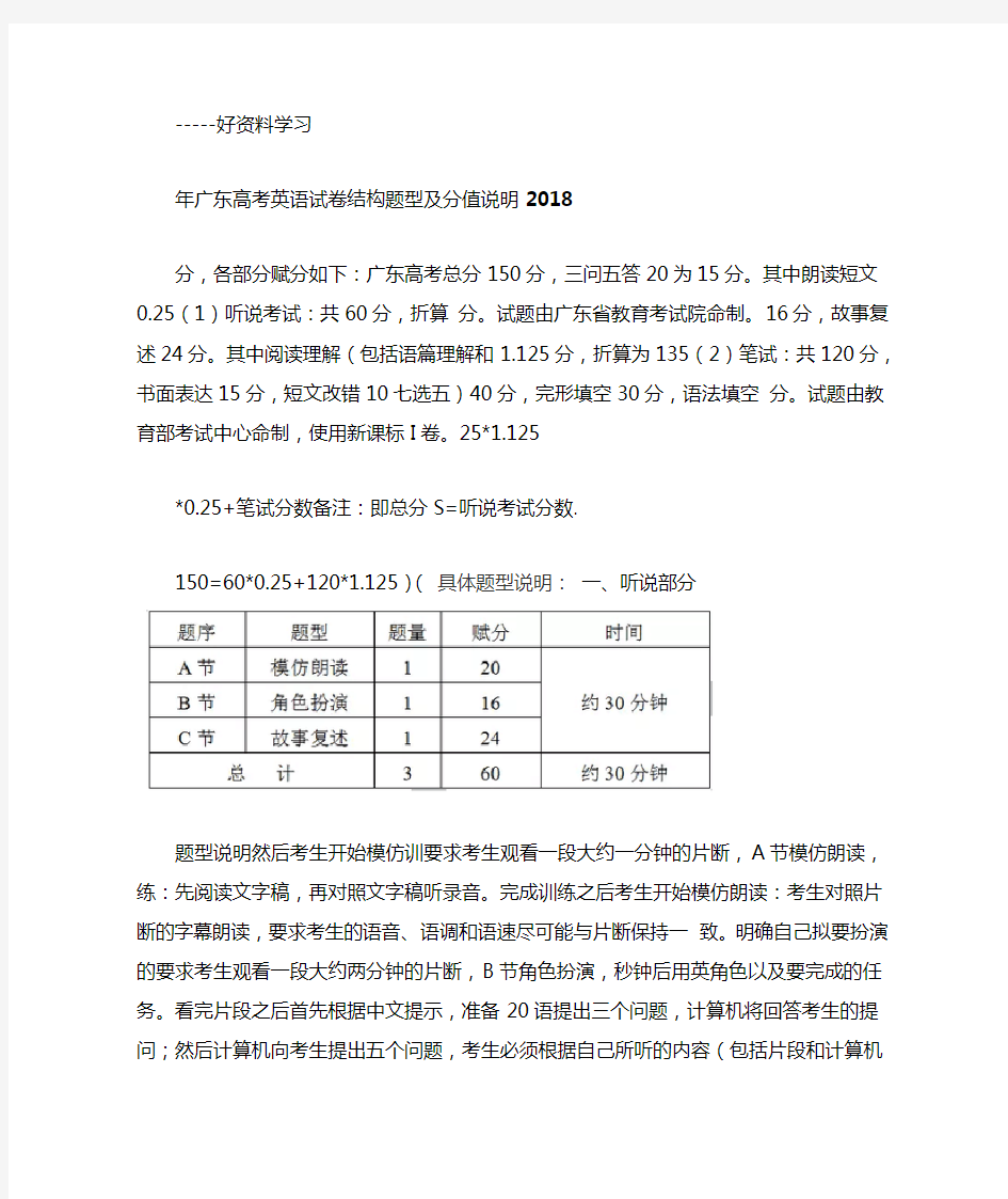 最新高考英语广东卷题型及分值