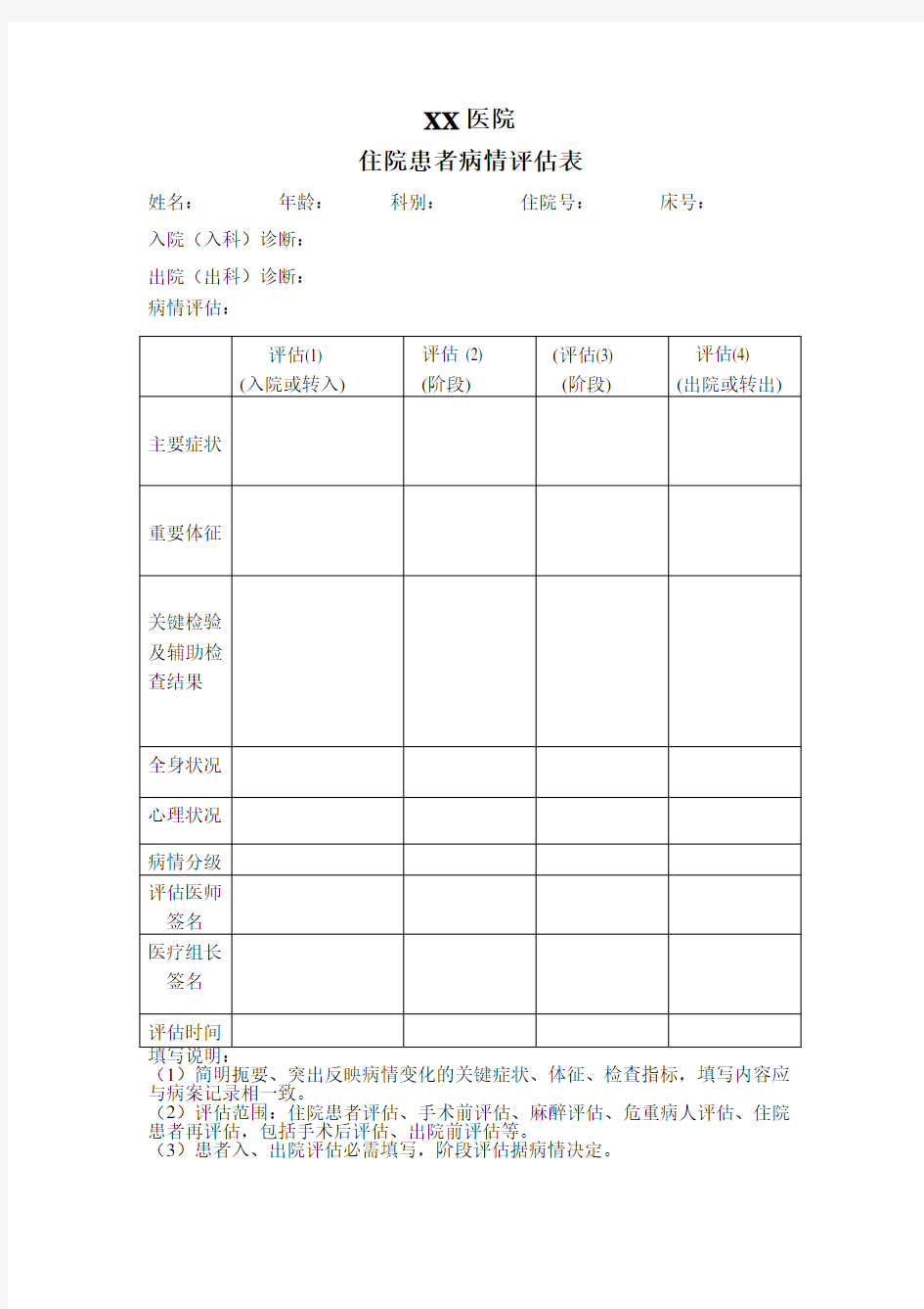 住院患者病情评估表